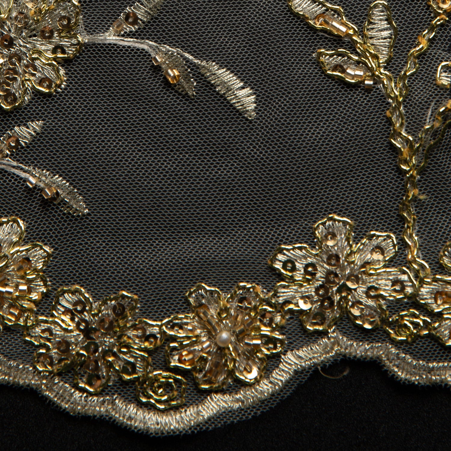Embroidered Beaded & sequined lace 100% polyester width 50/52" Gold Floral Fabric - Exquisite Fabric