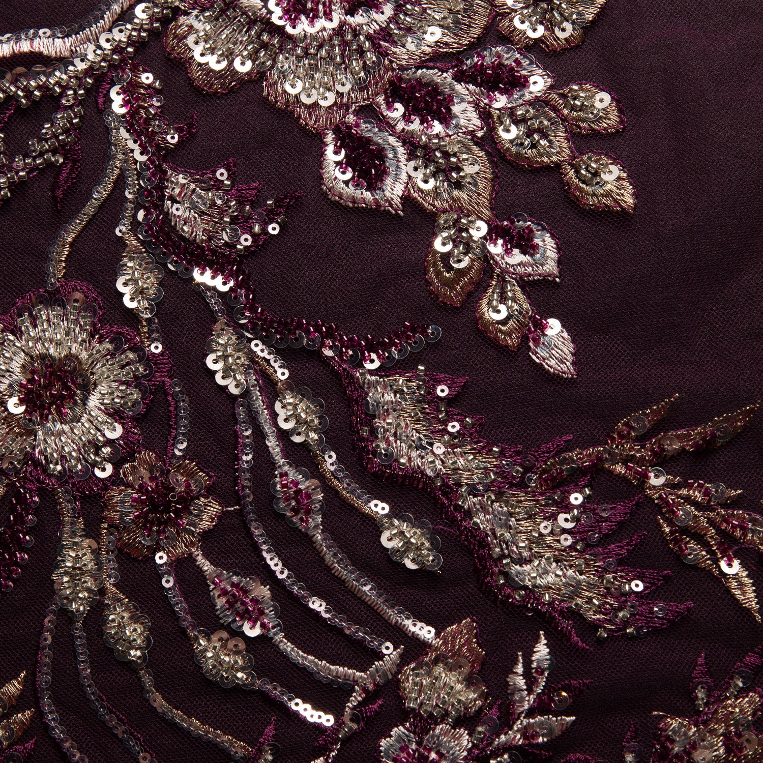Embroidered Beaded & sequined lace 100% polyester width 50/52" Magenta - Exquisite Fabric