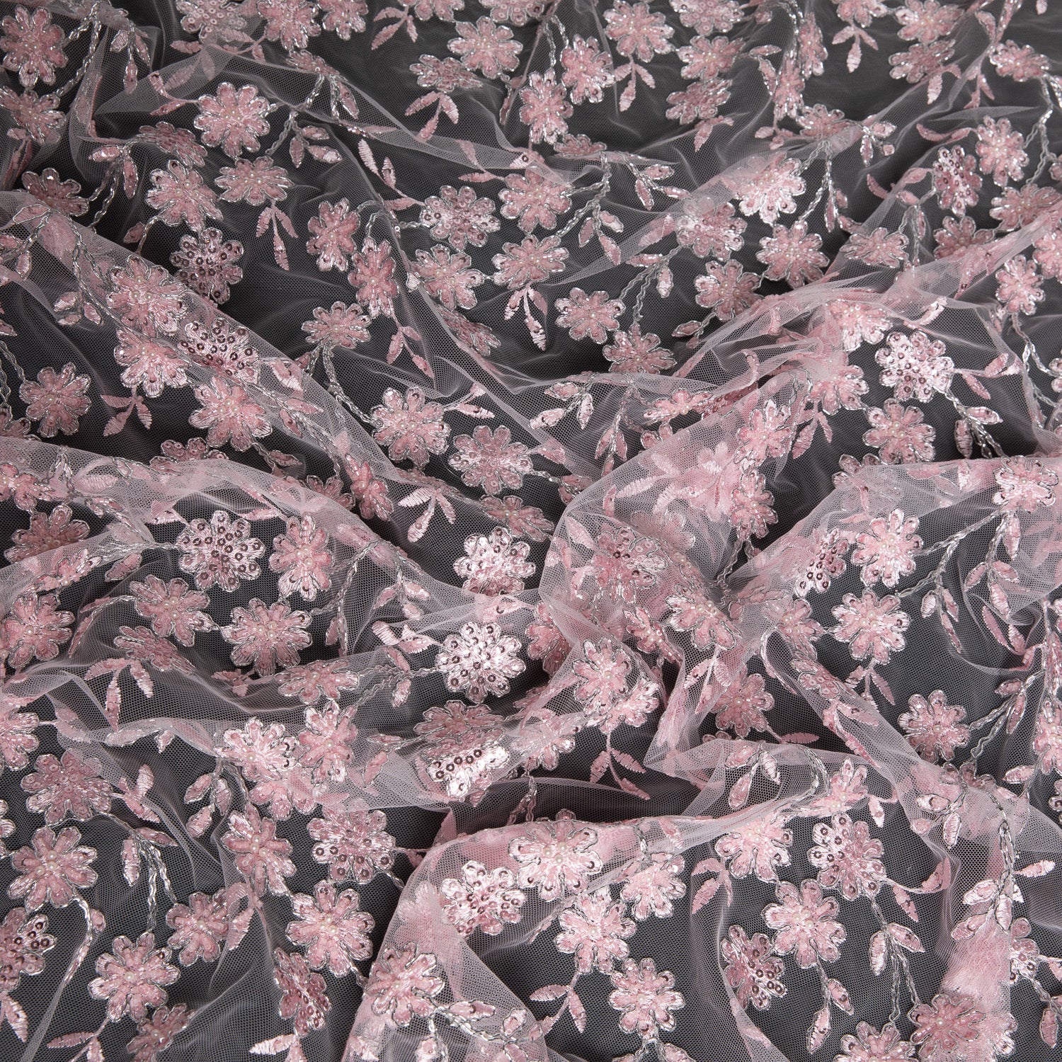 Embroidered Beaded & sequined lace 100% polyester width 50/52" Pink Floral Fabric - Exquisite Fabric