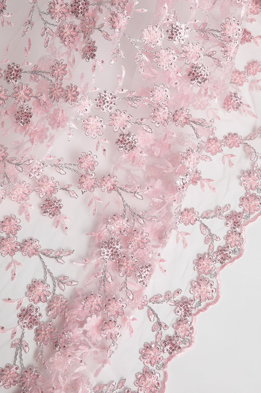 Embroidered Beaded & sequined lace 100% polyester width 50/52" Pink Floral Fabric - Exquisite Fabric