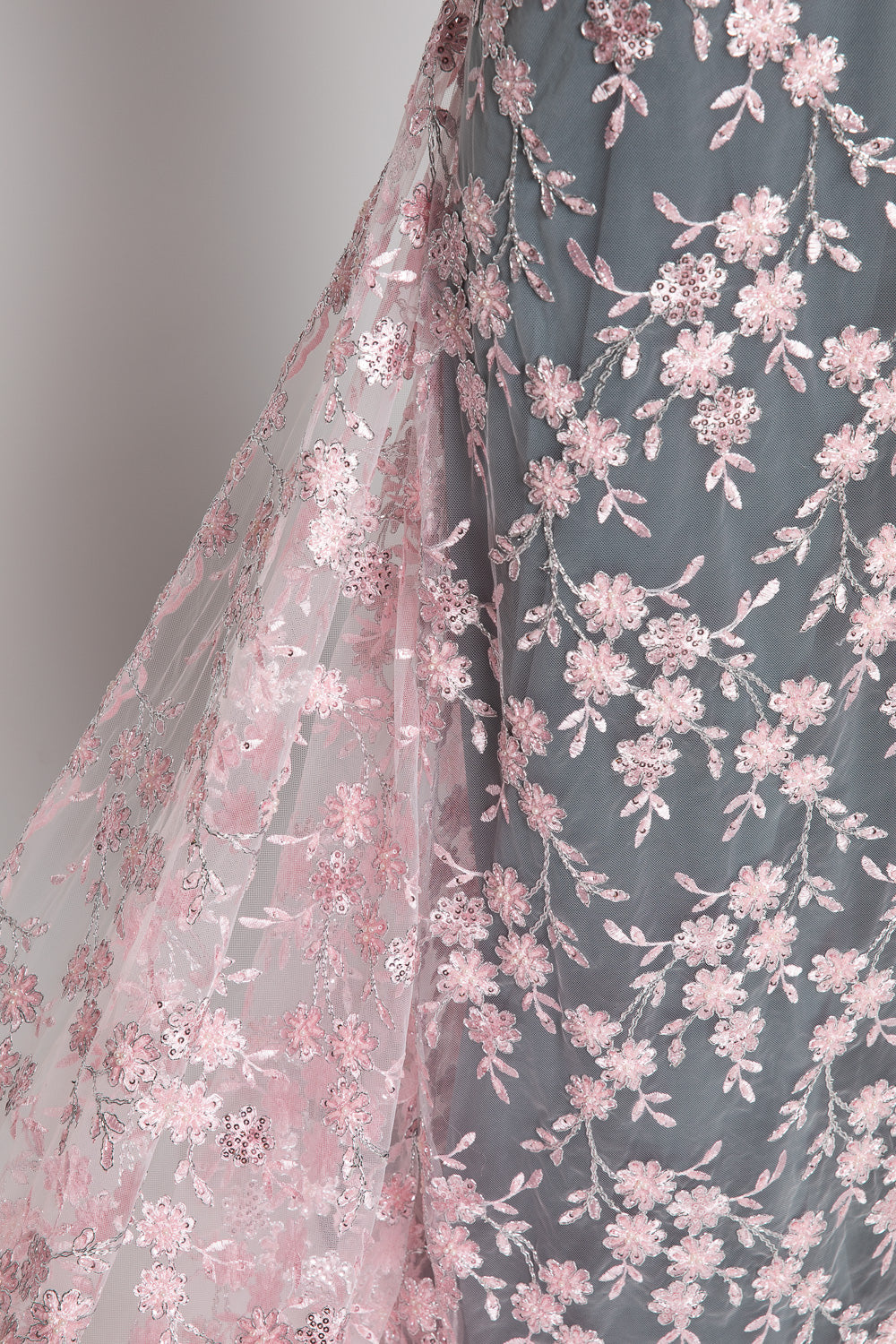 Embroidered Beaded & sequined lace 100% polyester width 50/52" Pink Floral Fabric - Exquisite Fabric