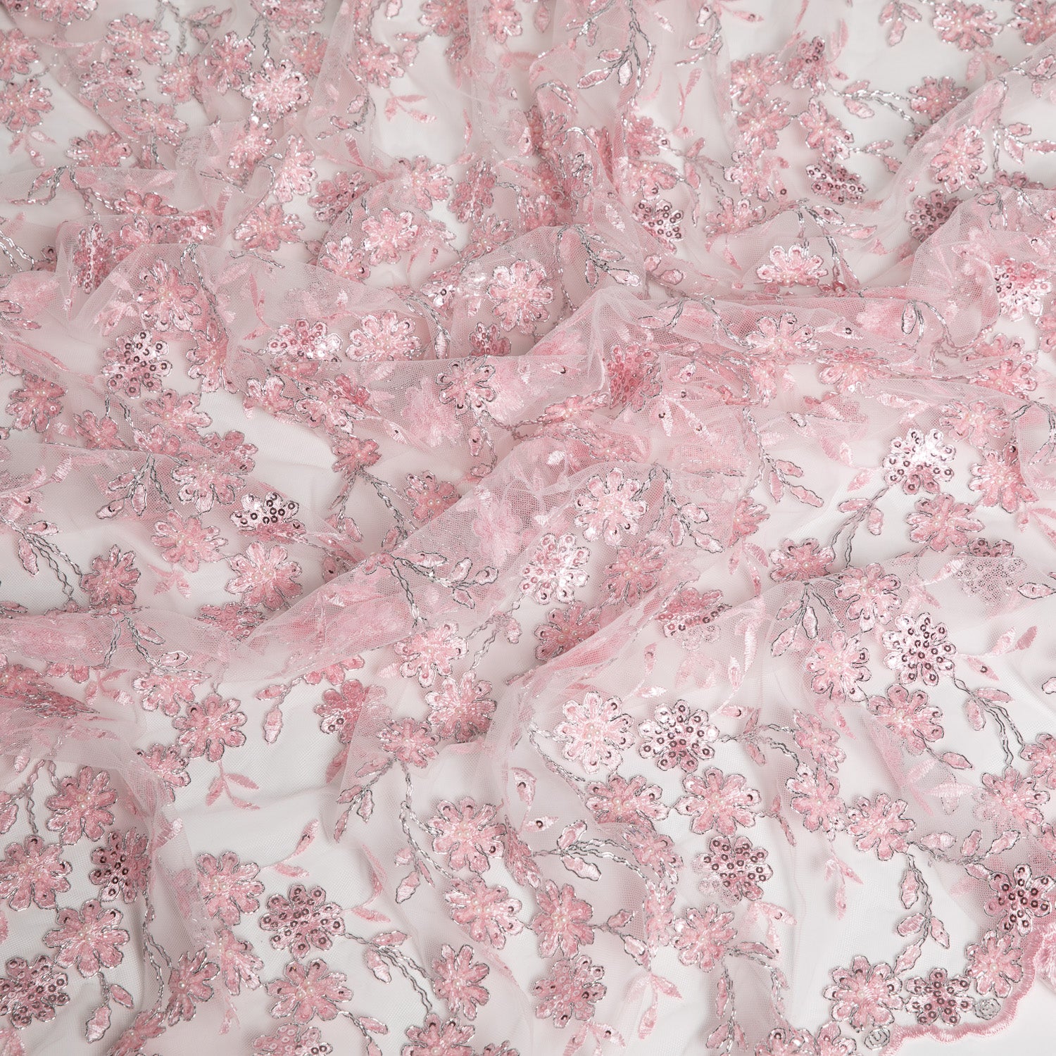 Embroidered Beaded & sequined lace 100% polyester width 50/52" Pink Floral Fabric - Exquisite Fabric