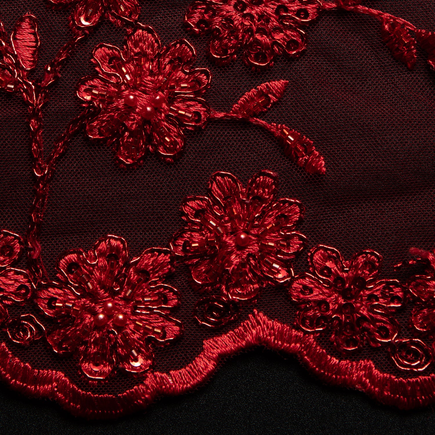 Embroidered Beaded & sequined lace 100% polyester width 50/52" Red Floral Fabric - Exquisite Fabric