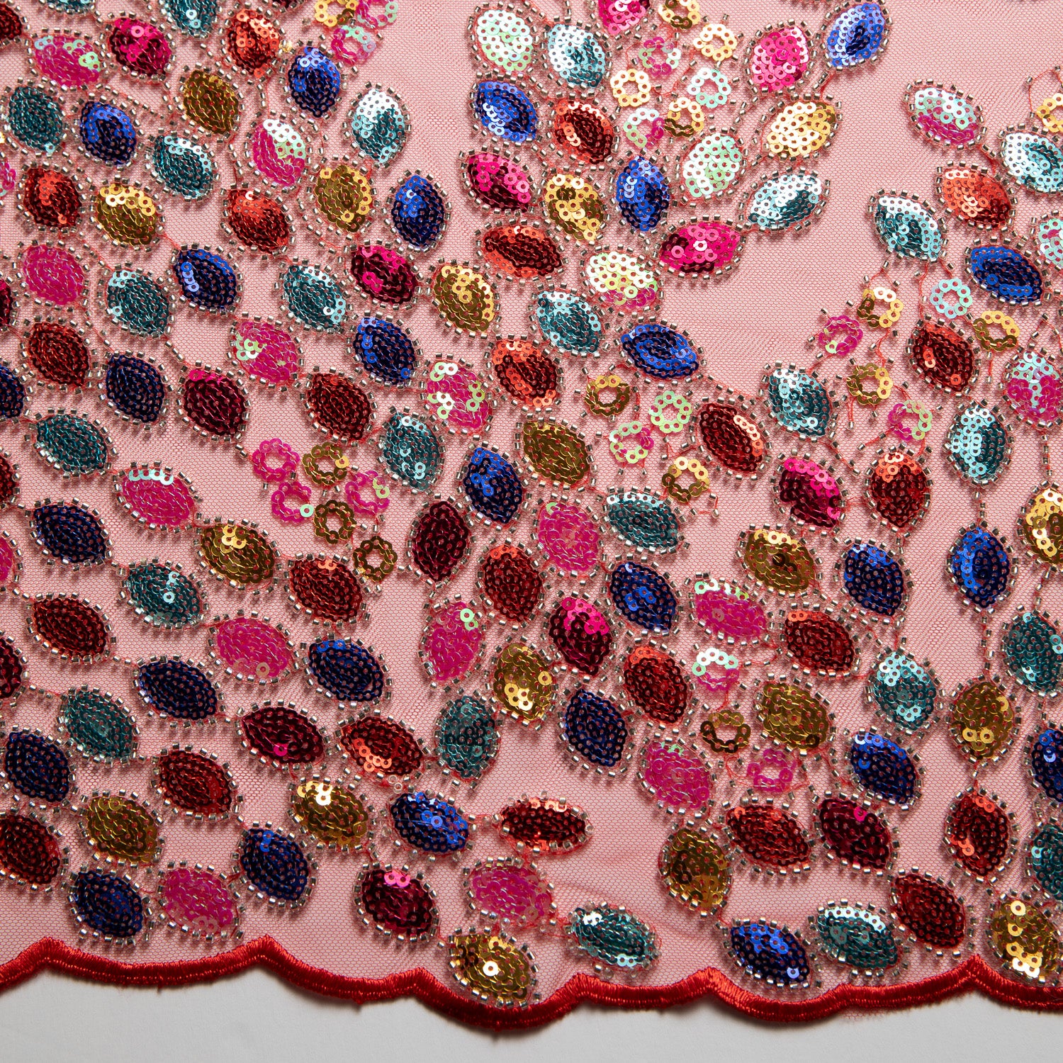 Embroidered Beaded & sequined lace 100% polyester width 50/52" Red Fabric with Colorful Sequins - Exquisite Fabric