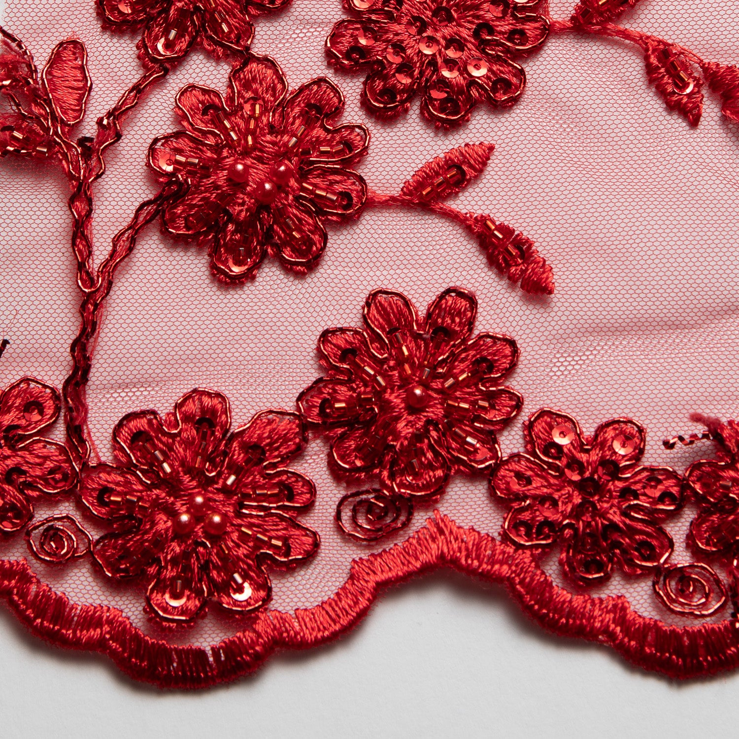 Embroidered Beaded & sequined lace 100% polyester width 50/52" RedFloral Fabric - Exquisite Fabric