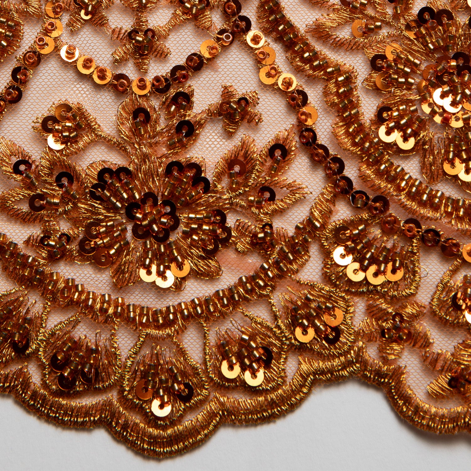 Embroidered Beaded & sequined lace 100% polyester width 50/52" Rust Floral Sequined Fabric - Exquisite Fabric