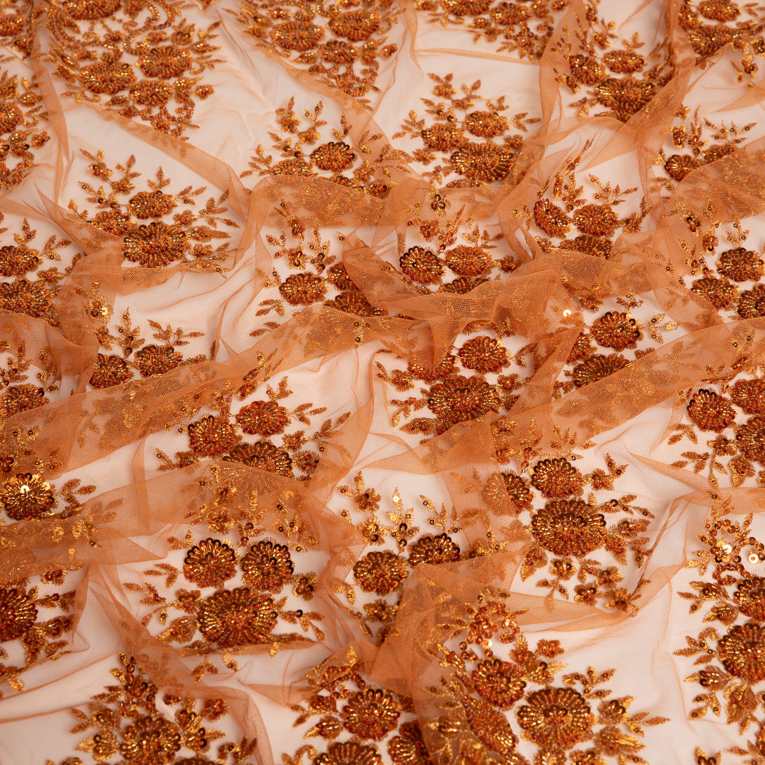 Embroidered Beaded & sequined lace 100% polyester width 50/52" Rust Floral Sequined Fabric - Exquisite Fabric