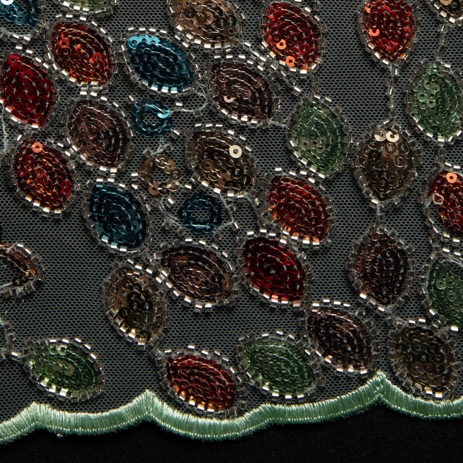 Embroidered Beaded & sequined lace 100% polyester width 50/52" Sage Fabric with Colorful Sequins - Exquisite Fabric