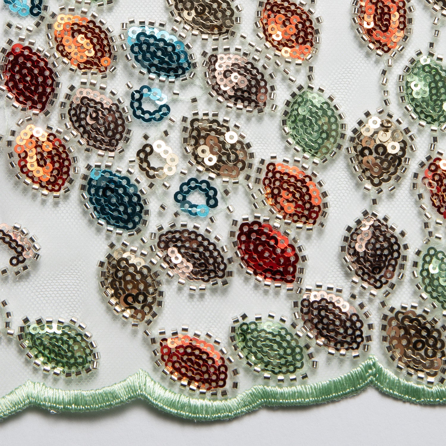 Embroidered Beaded & sequined lace 100% polyester width 50/52" Sage Fabric with Colorful Sequins - Exquisite Fabric