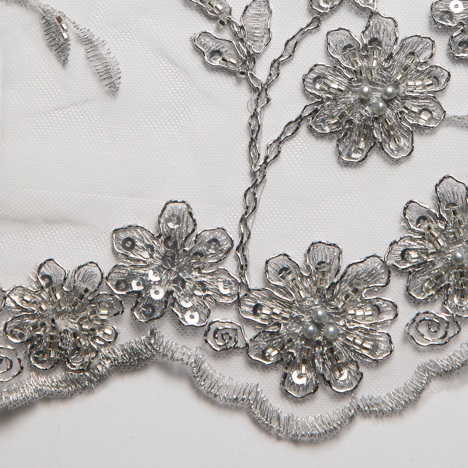 Embroidered Beaded & sequined lace 100% polyester width 50/52" Silver Floral Fabric - Exquisite Fabric