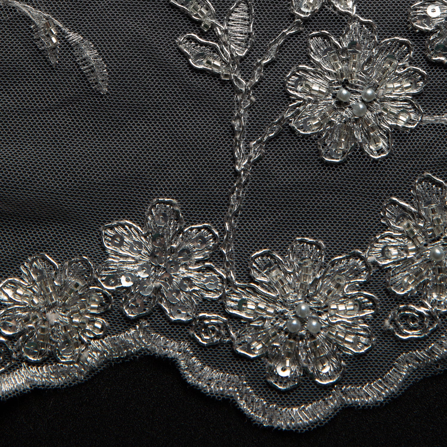 Embroidered Beaded & sequined lace 100% polyester width 50/52" Silver Floral Fabric - Exquisite Fabric