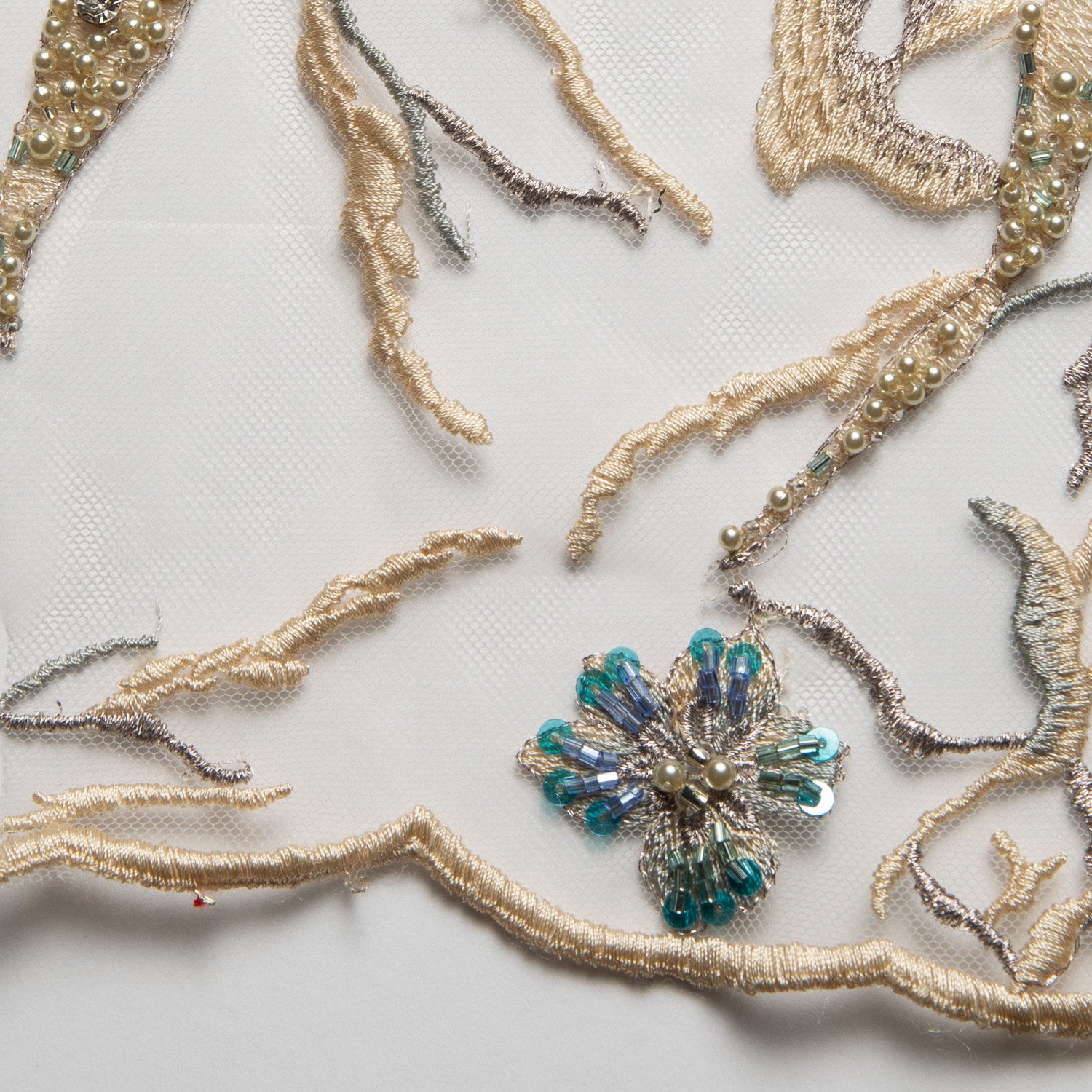 Embroidered Beaded & sequined lace 100% polyester width 50/52" Taupe/Blue - Exquisite Fabrics