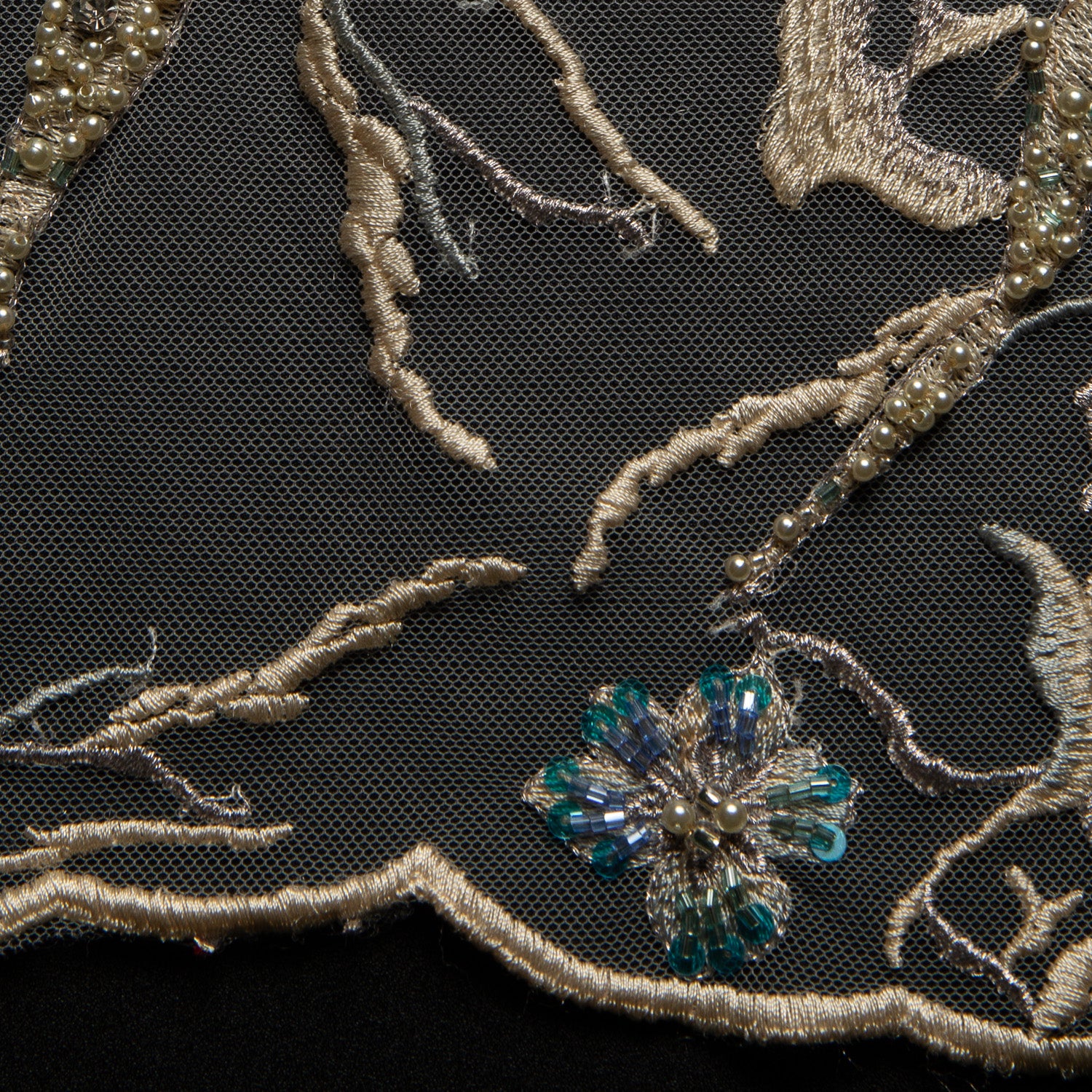 Embroidered Beaded & sequined lace 100% polyester width 50/52" Taupe/Blue - Exquisite Fabrics
