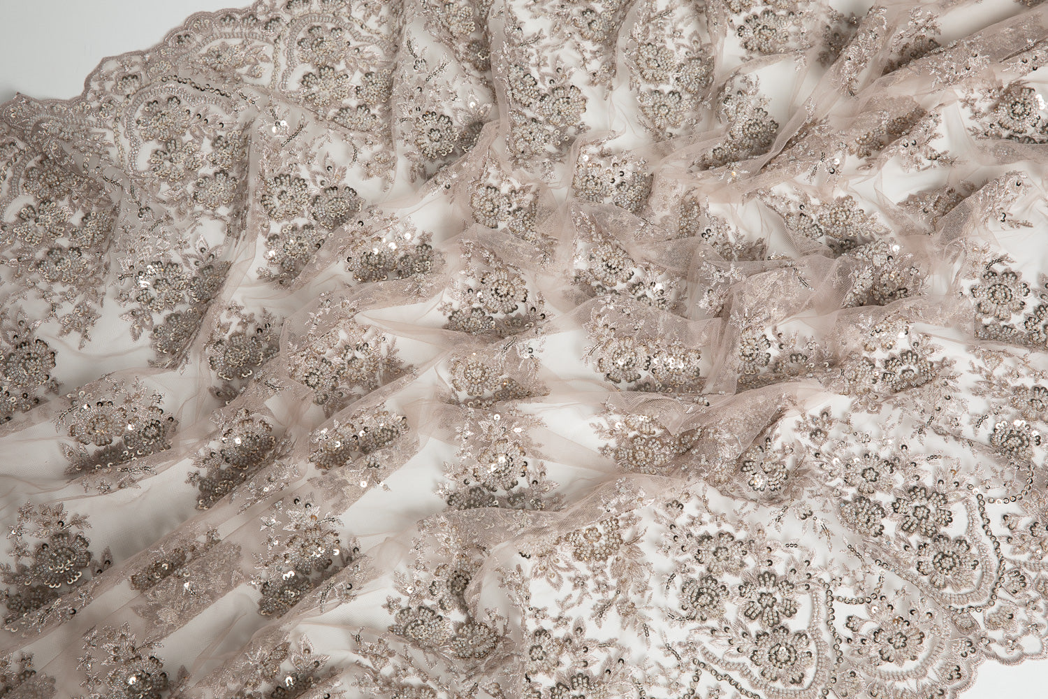 Embroidered Beaded & sequined lace 100% polyester width 50/52" Taupe Floral Sequined Fabric - Exquisite Fabric