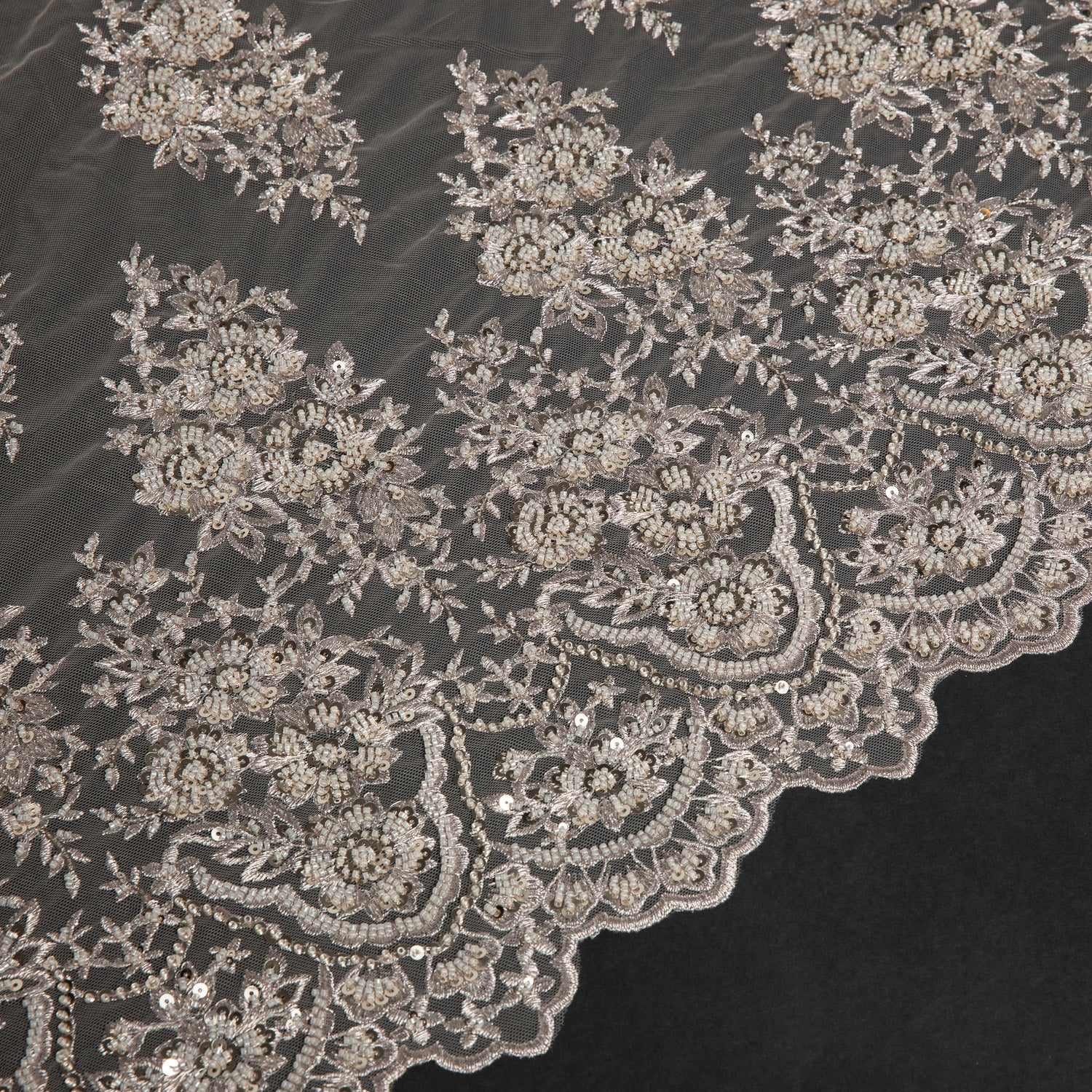 Embroidered Beaded & sequined lace 100% polyester width 50/52" Taupe Floral Sequined Fabric - Exquisite Fabric