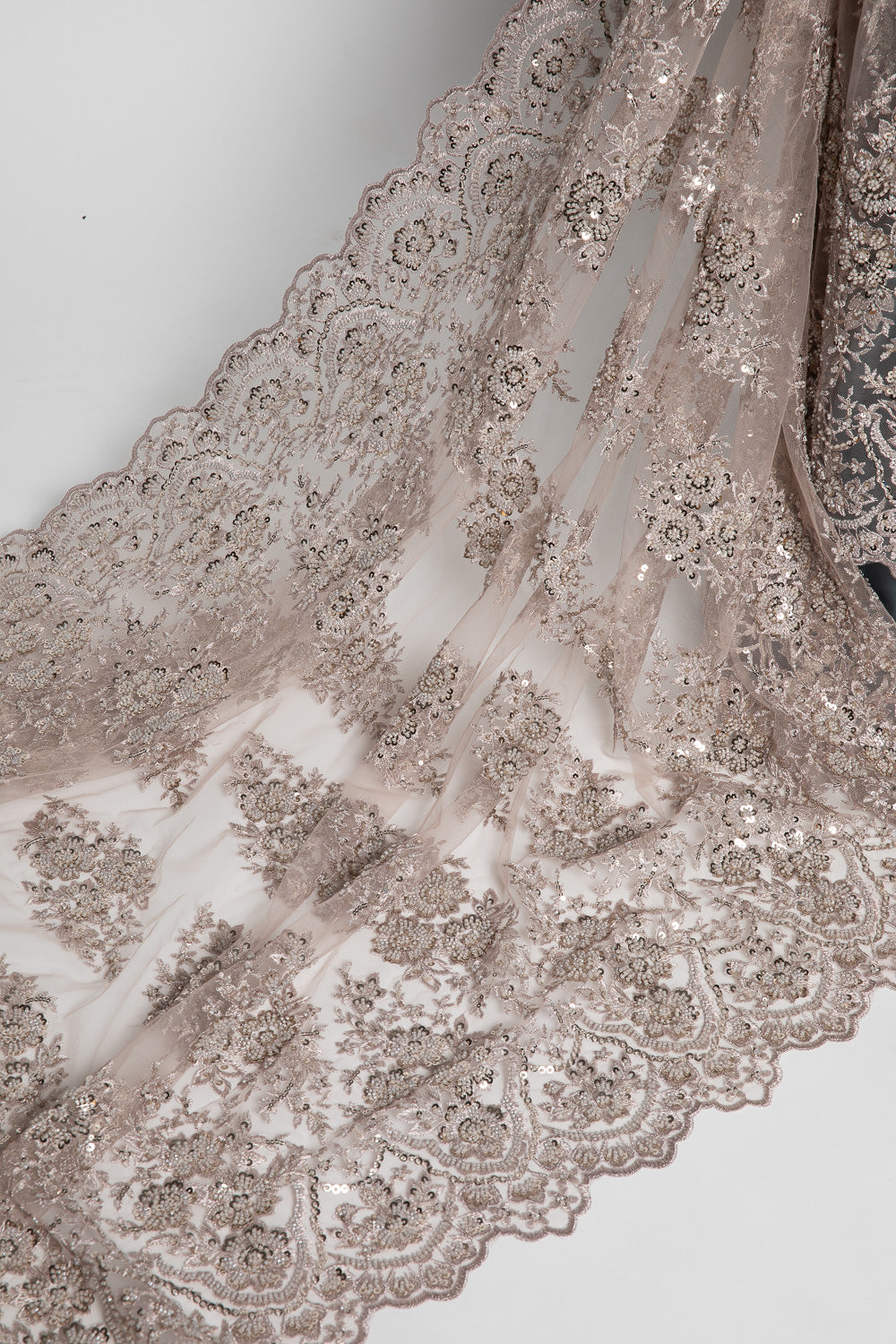Embroidered Beaded & sequined lace 100% polyester width 50/52" Taupe Floral Sequined Fabric - Exquisite Fabric