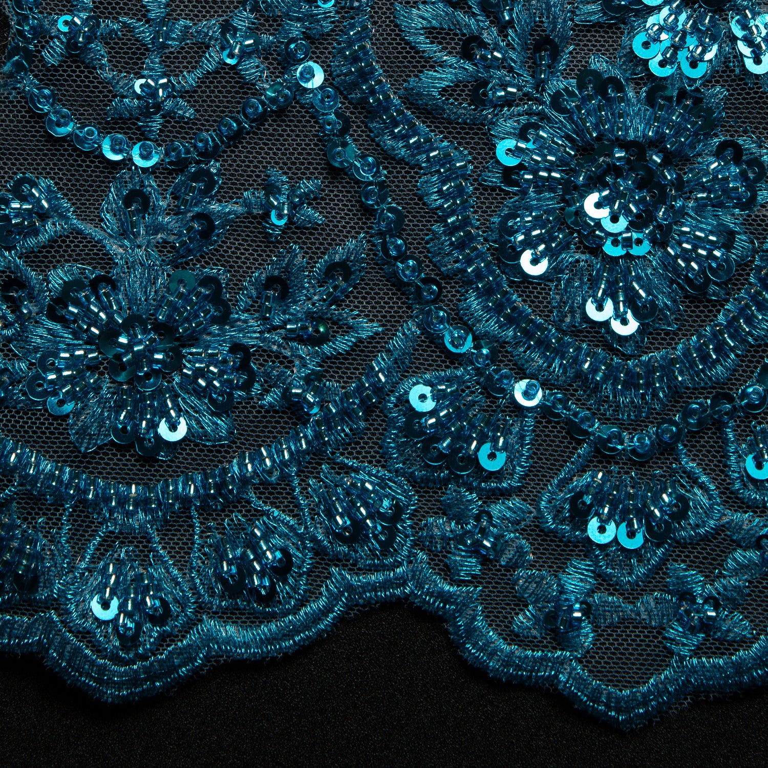 Embroidered Beaded & sequined lace 100% polyester width 50/52" Turquoise Floral Sequined Fabric - Exquisite Fabric