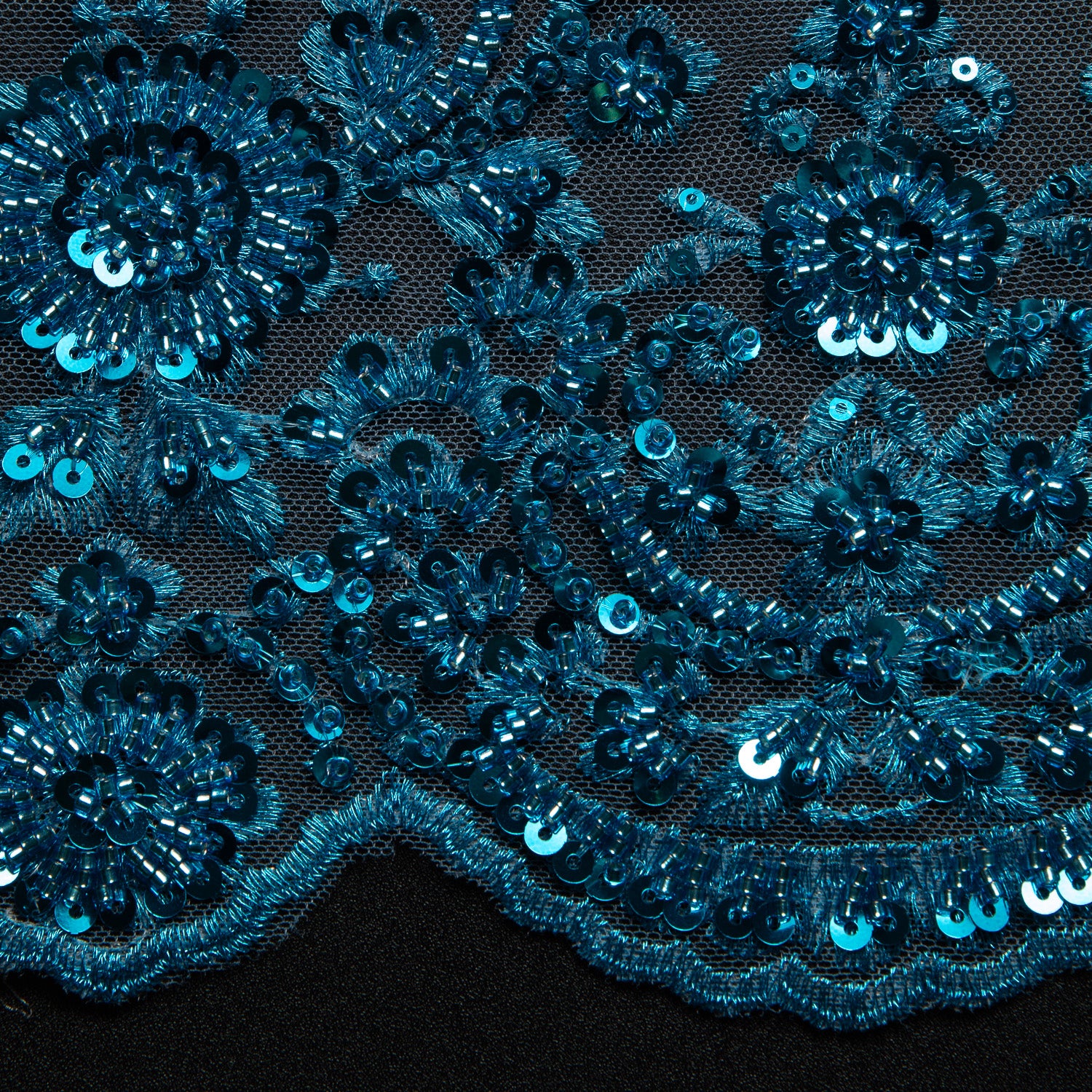 Embroidered Beaded & sequined lace 100% polyester width 50/52" Turquoise Floral Sequined Fabric - Exquisite Fabric