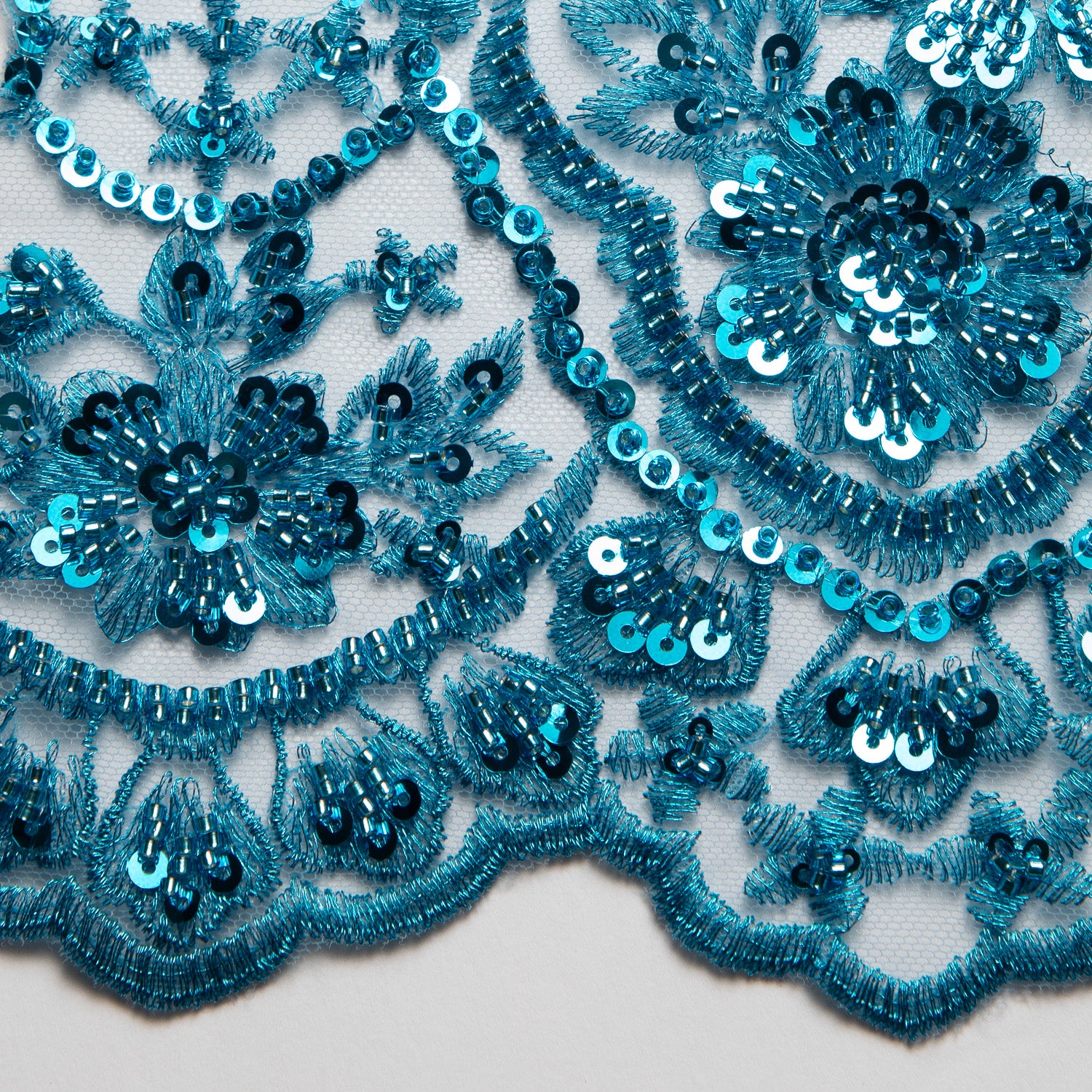 Embroidered Beaded & sequined lace 100% polyester width 50/52" Turquoise Floral Sequined Fabric - Exquisite Fabric