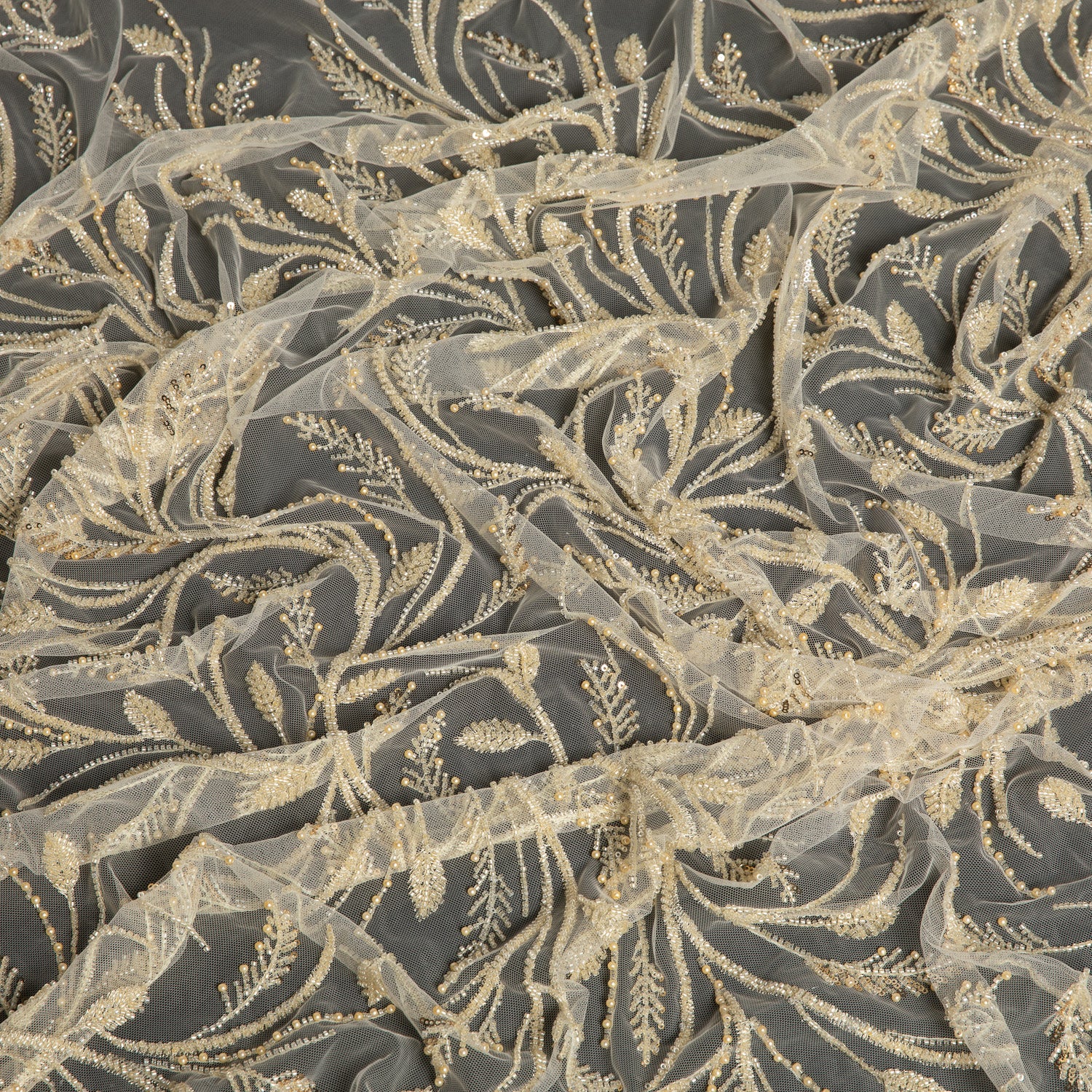 Embroidered Beaded & sequined lace 100% polyester width Light Yellow Fabric 50/52" - Exquisite Fabric