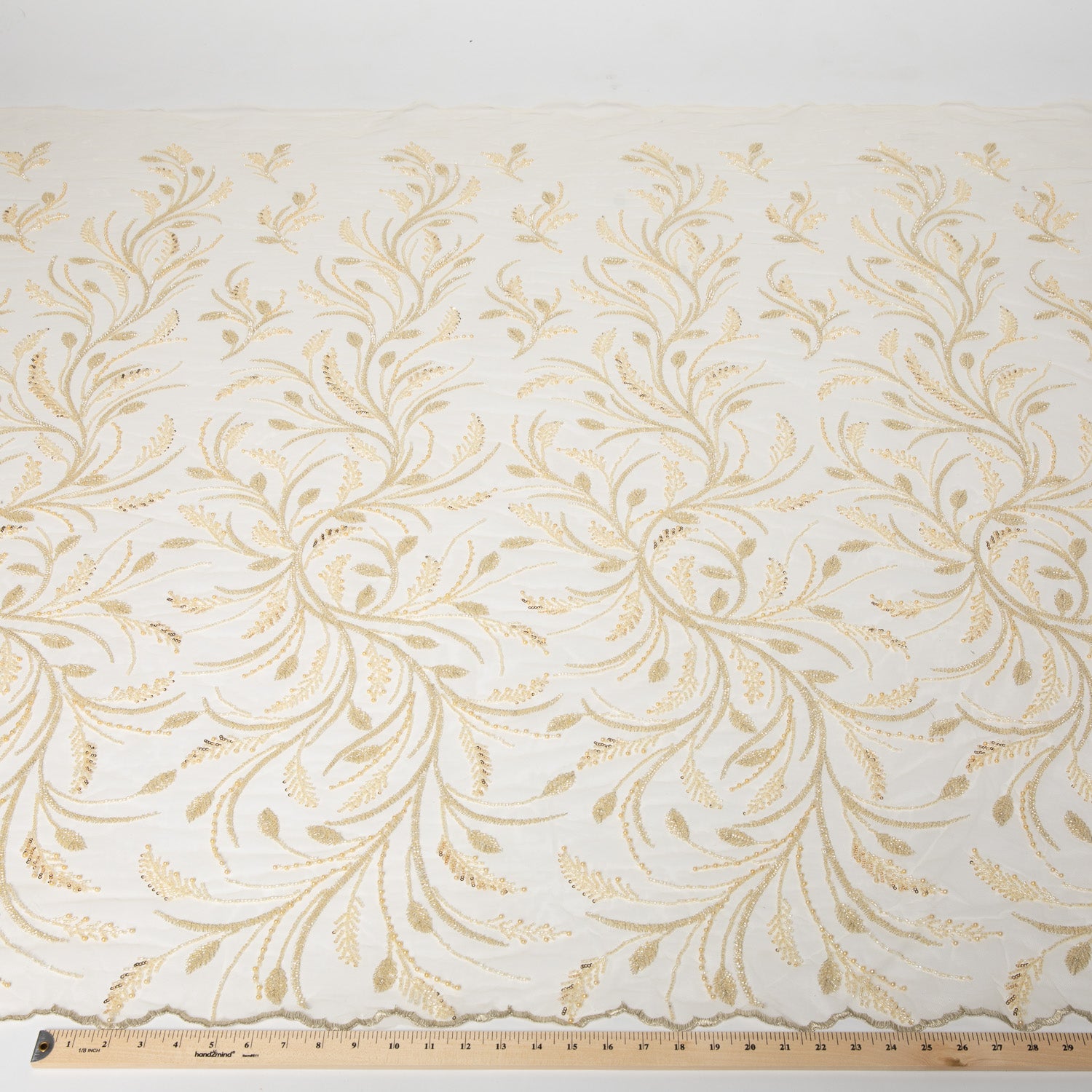 Embroidered Beaded & sequined lace 100% polyester width Light Yellow Fabric 50/52" - Exquisite Fabric