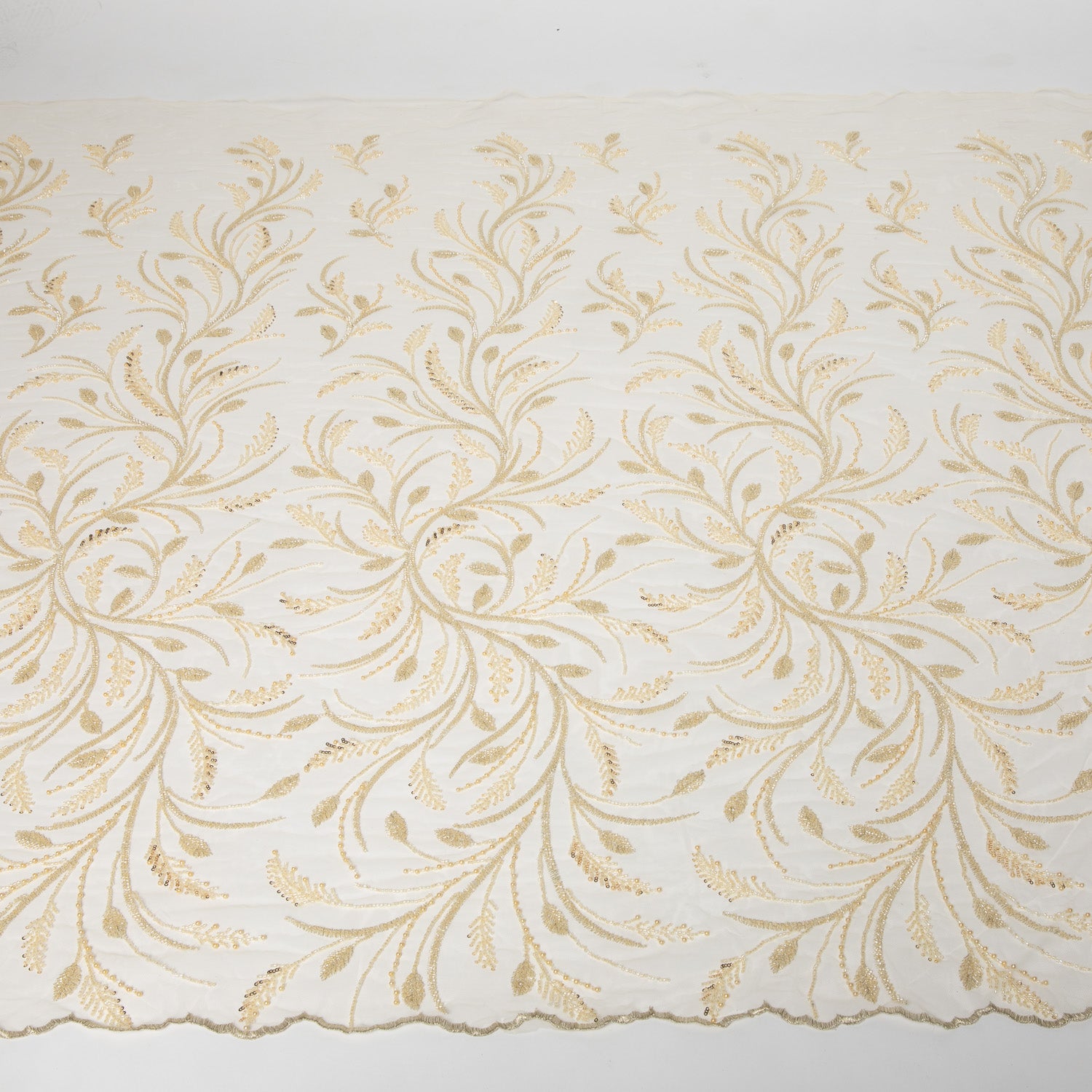 Embroidered Beaded & sequined lace 100% polyester width Light Yellow Fabric 50/52" - Exquisite Fabric