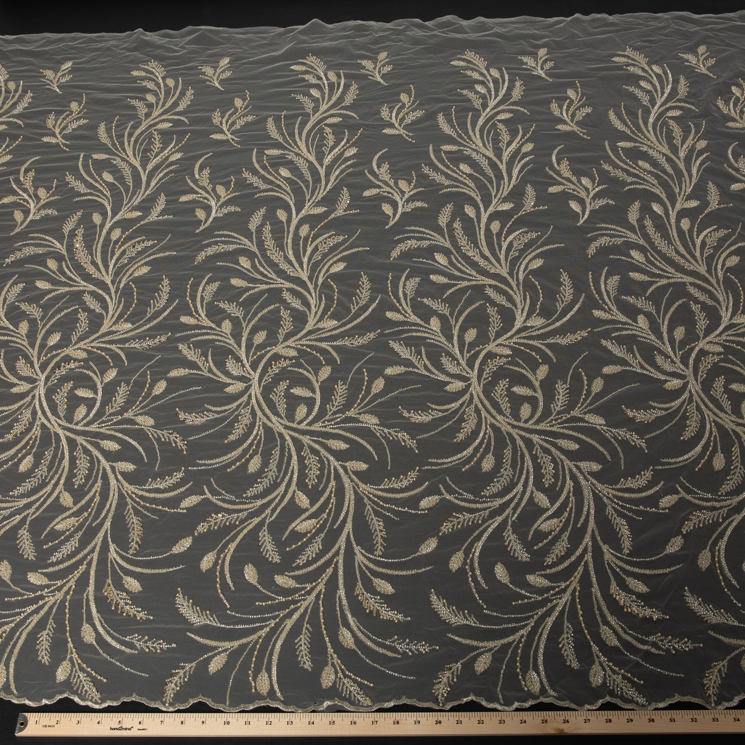 Embroidered Beaded & sequined lace 100% polyester width Light Yellow Fabric 50/52" - Exquisite Fabric