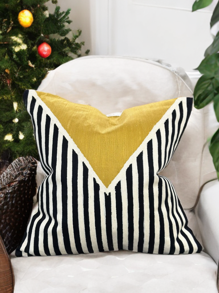 White Base Decorative Throw Pillow with Black & Ivory Geometric Embroidery and Mustard Graphic - VIVA012.
