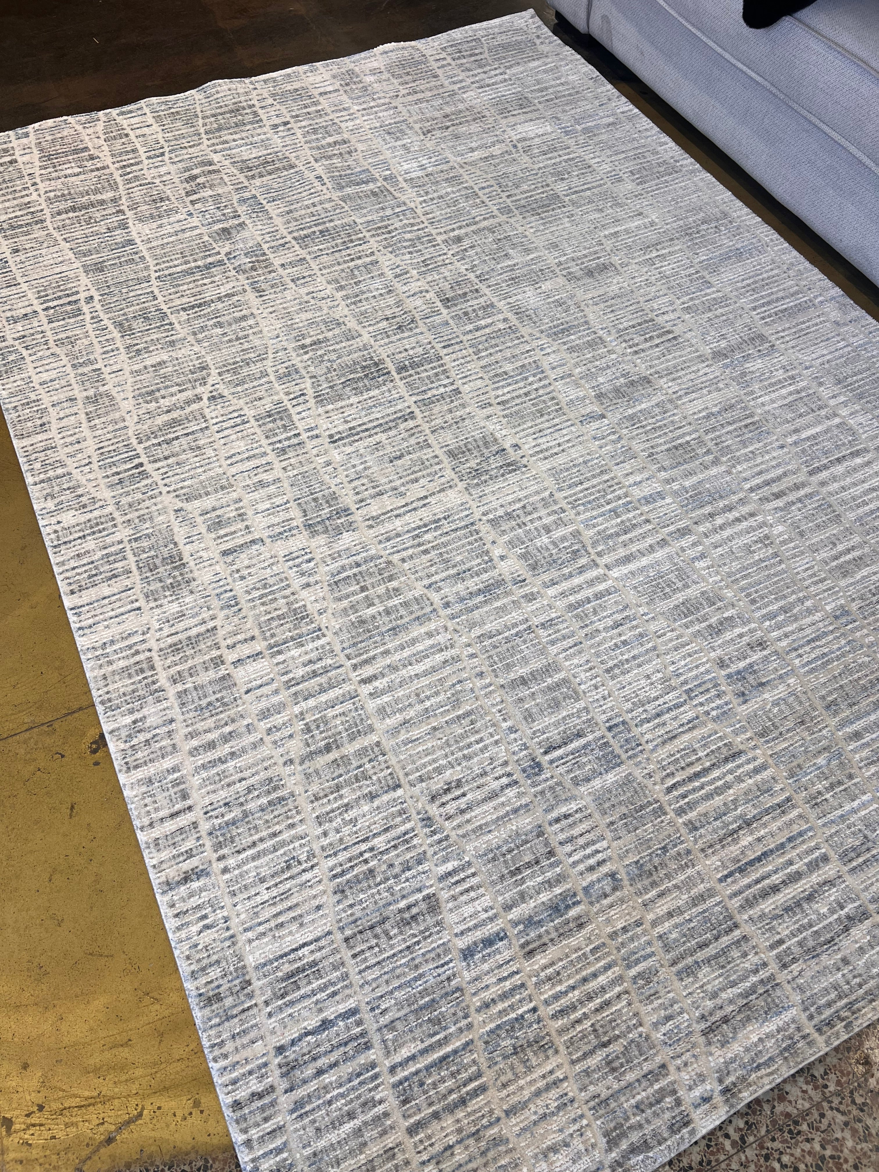 Modern Cream Rug with Blue, Grey & Gold-Brown High-Low Abstract Pattern - KAI 303