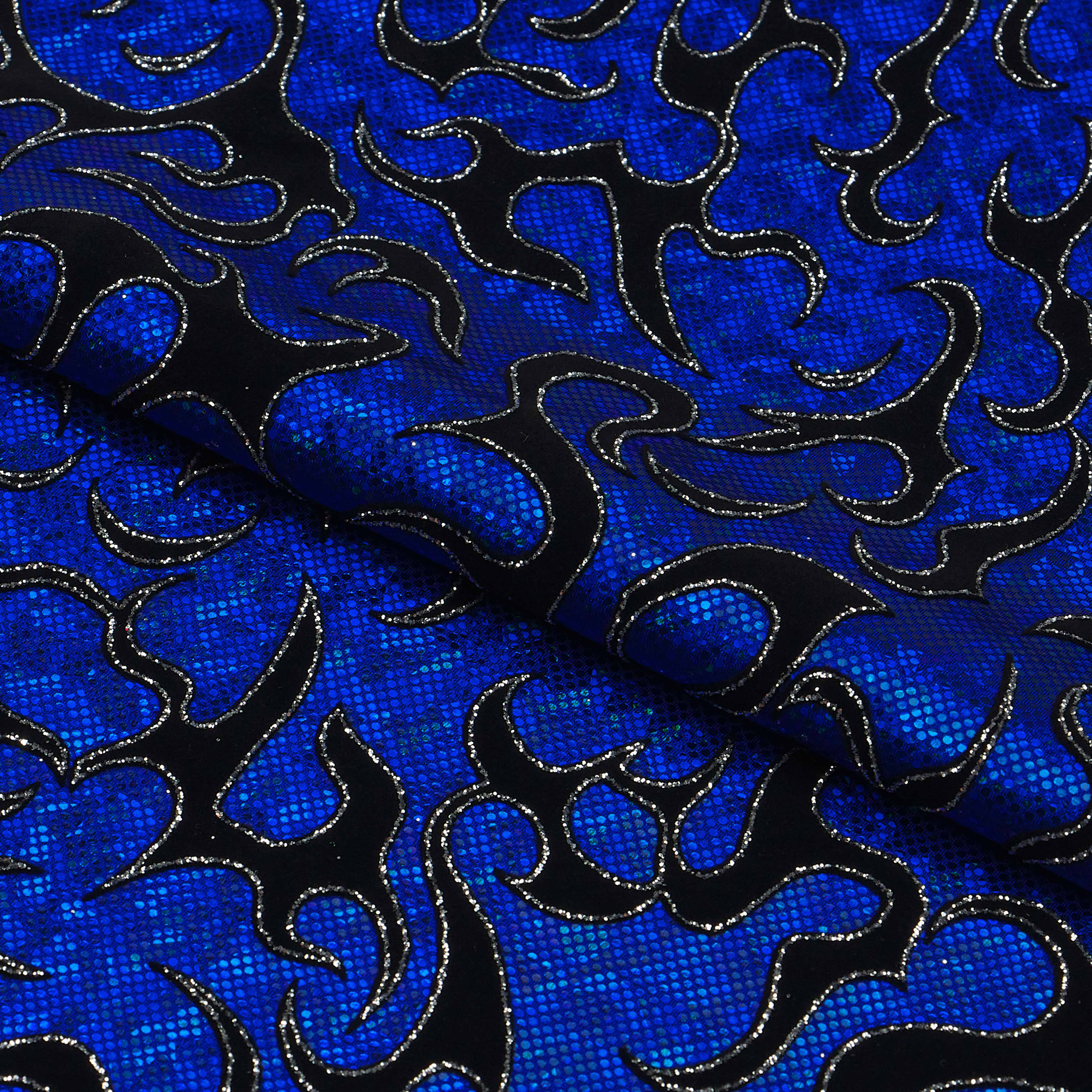 Flame Flocked Hologram Spandex Fabric | Blue Moon Fabrics