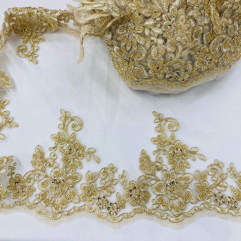 Beaded & Corded Floral Lace Trimming Embroidered on 100% Polyester Net Mesh | Lace USA - 96441W-HB