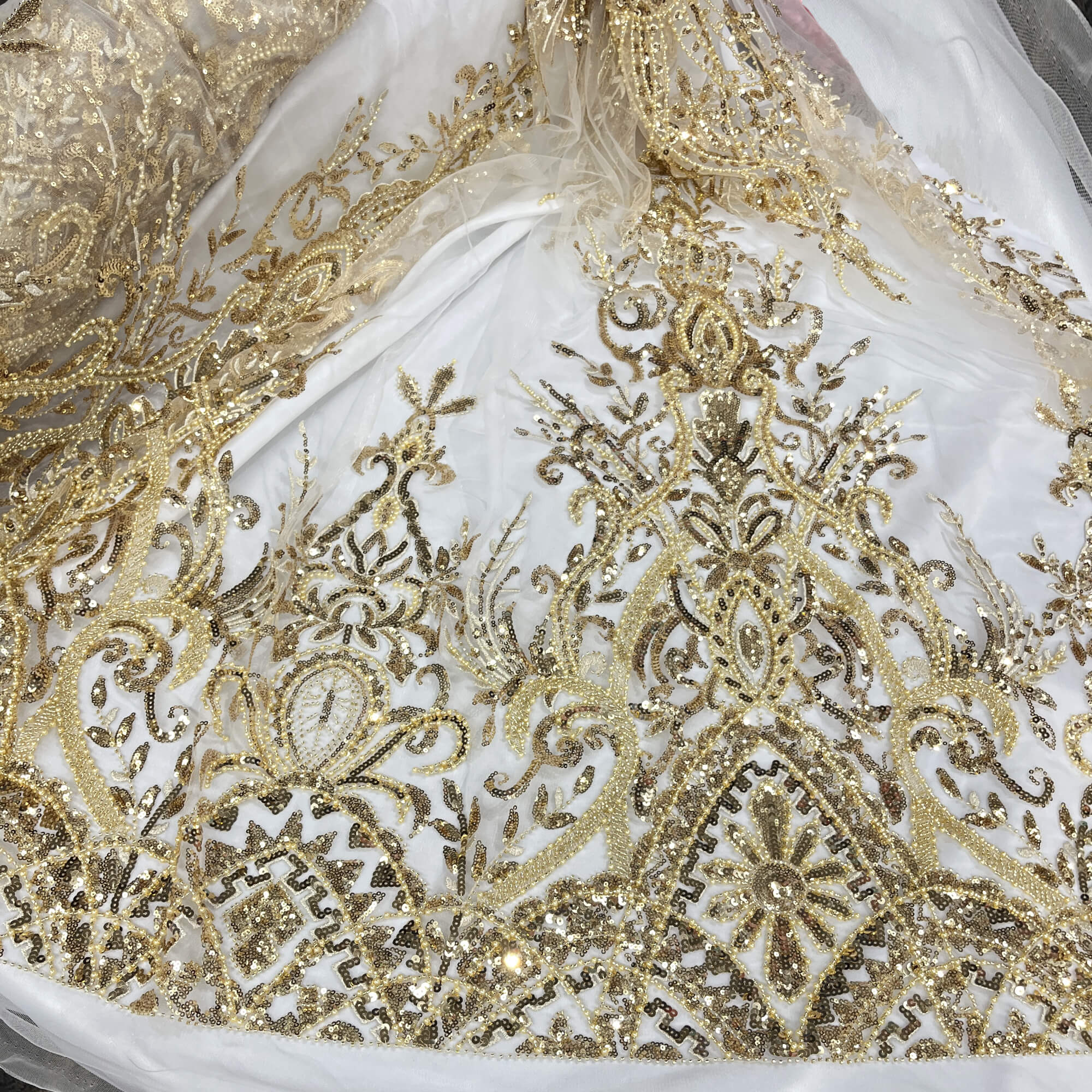 Beaded Lace Fabric Embroidered on 100% Polyester Net Mesh | Lace USA - GD-210906