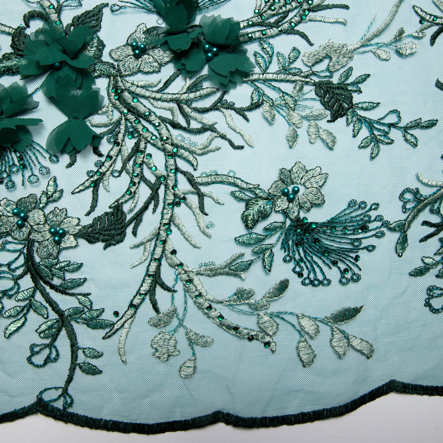 Tulle Lace Fabric with Two Tone Embroidered and Splendid 3D Floral Pattern 52" Wide | Exquisite Fabric