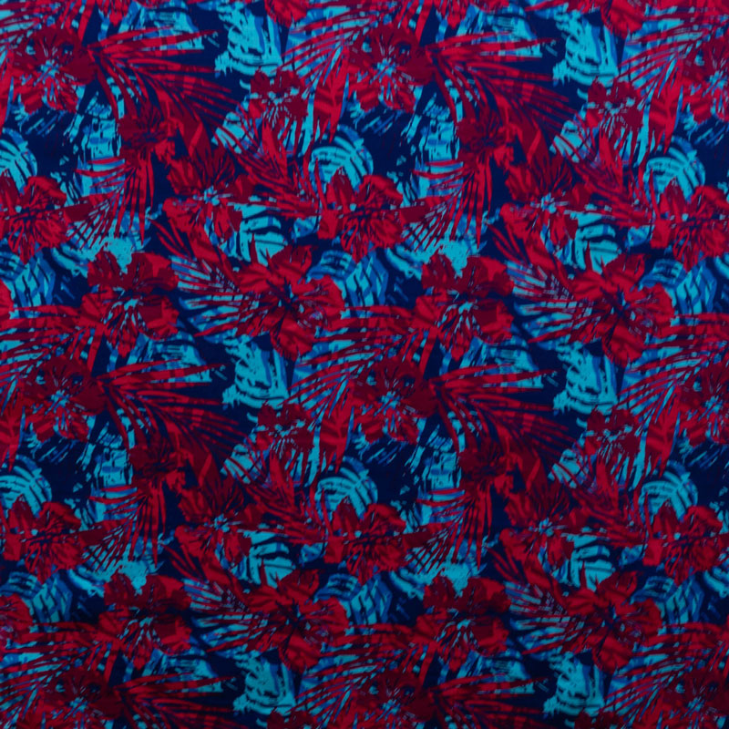 Hibiscus Palm Watercolor Design Cotton Light Barkcloth Fabric | Islands Fabric
