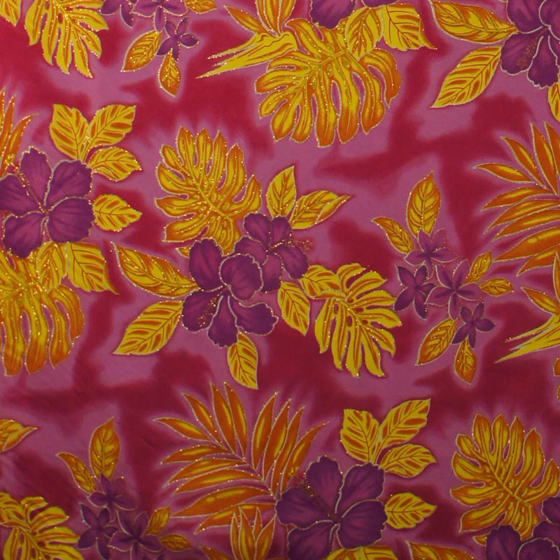 Hibiscus Plumeria Monstera Palm Leaves Glitter Polyester Fabric | Islands Fabric