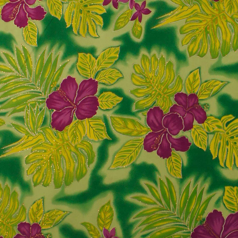 Hibiscus Plumeria Monstera Palm Leaves Glitter Polyester Fabric | Islands Fabric