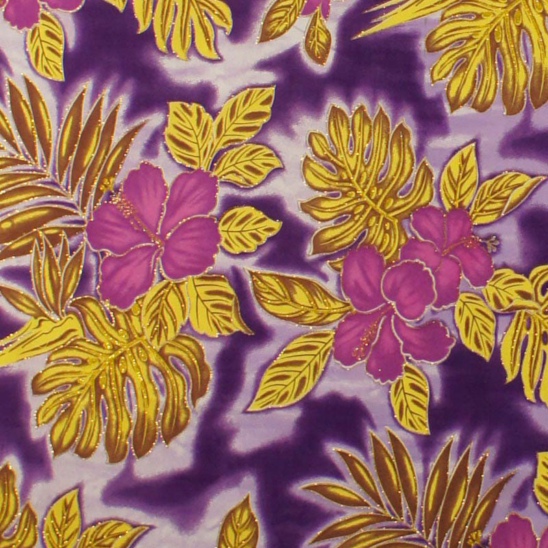 Hibiscus Plumeria Monstera Palm Leaves Glitter Polyester Fabric | Islands Fabric