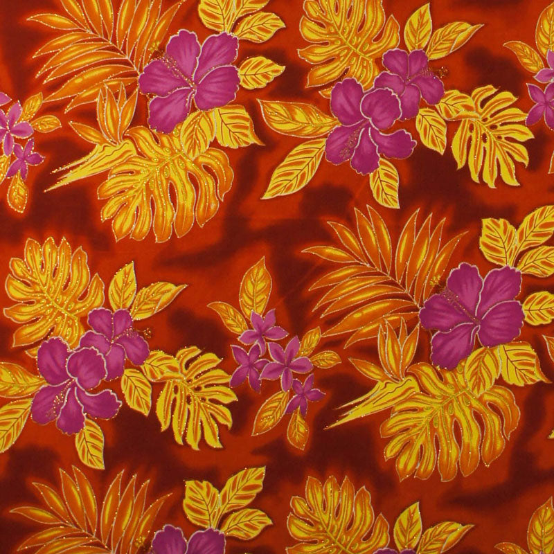 Hibiscus Plumeria Monstera Palm Leaves Glitter Polyester Fabric | Islands Fabric