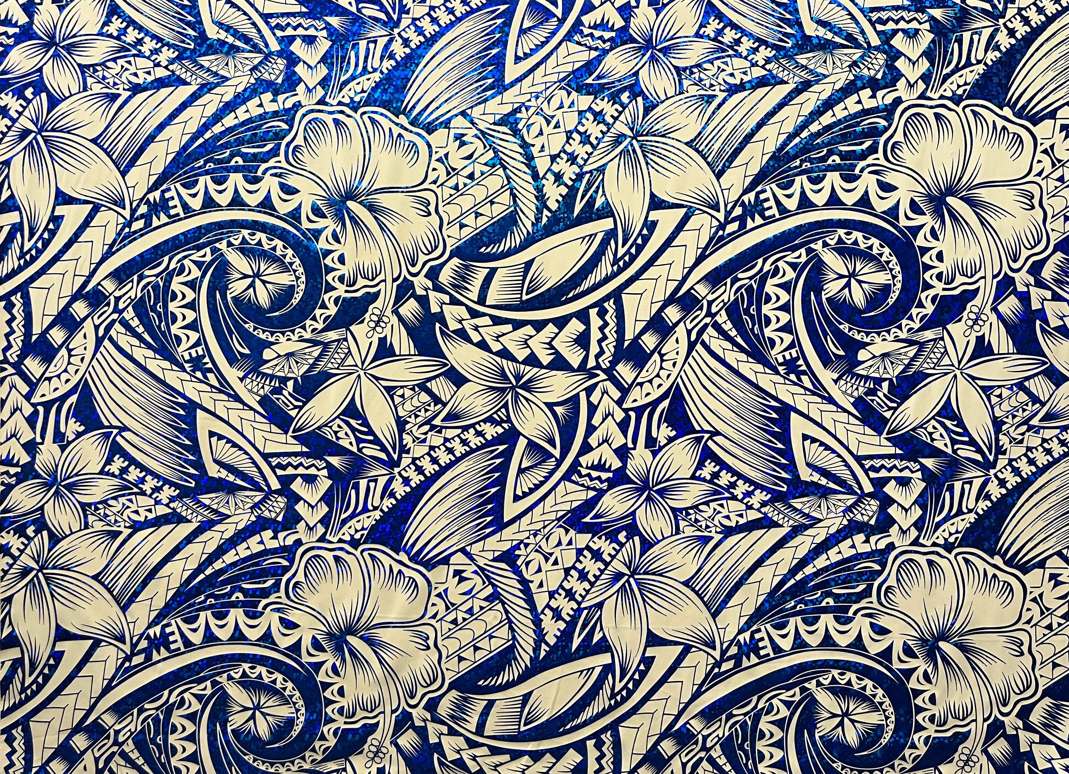 Hibiscus Plumeria Polynesian Tattoo Polyester Foil Fabric | Islands Fabric