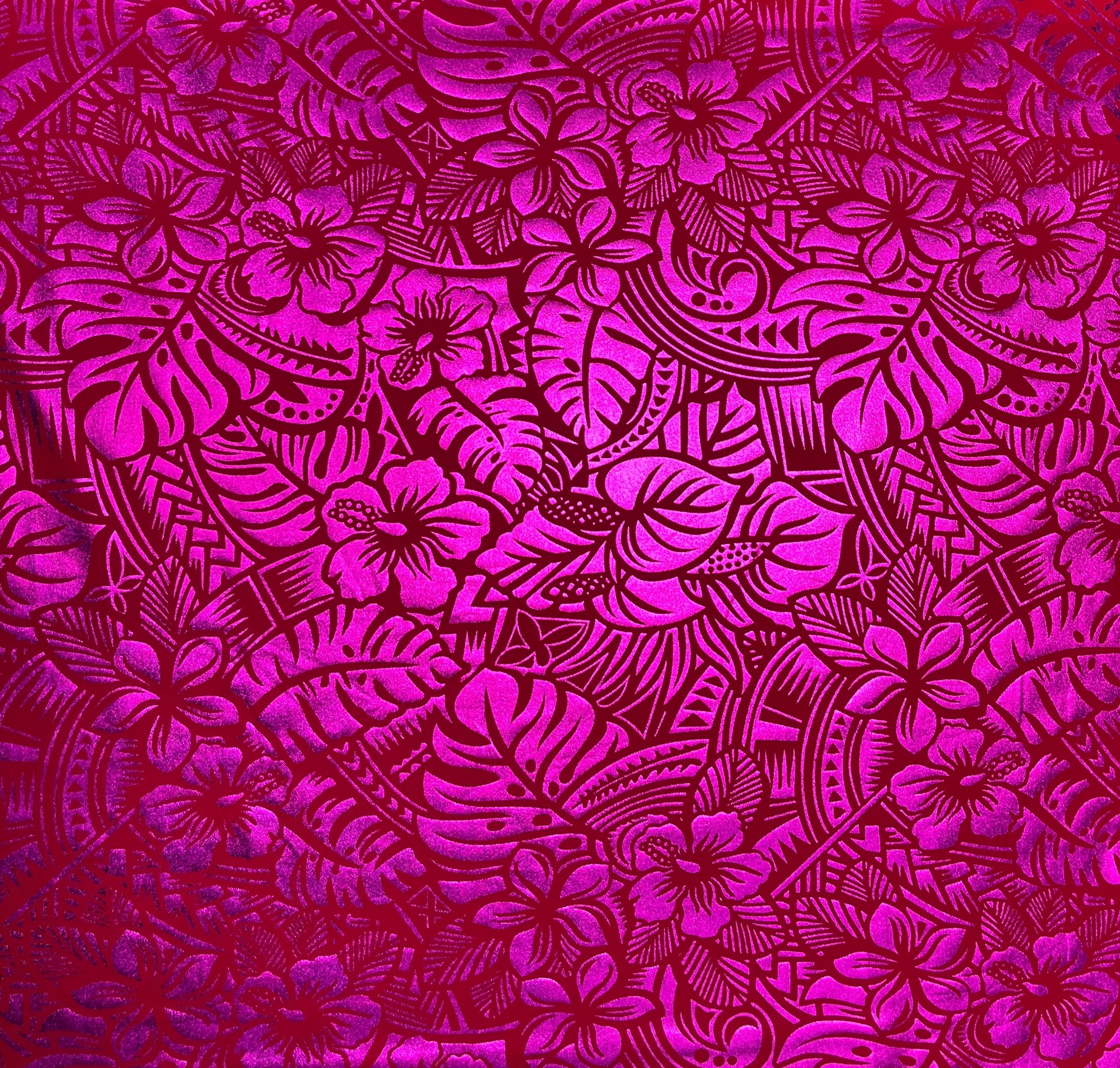 Hibiscus Plumeria Tiare Monstera,Musa Acuminata, Anthurium leaves Printed Polyester Foil Fabric  | Islands Fabric