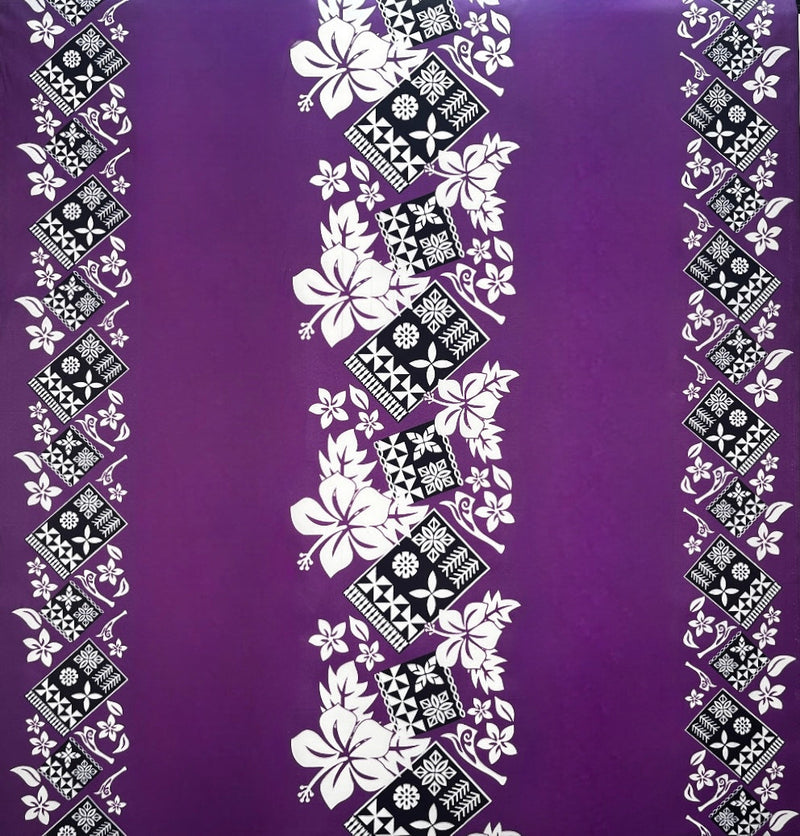 Hibiscus Tropical Leaves w/ Patches of Traditional Tapa Double Border Polyester Fabric | Islands Fabric