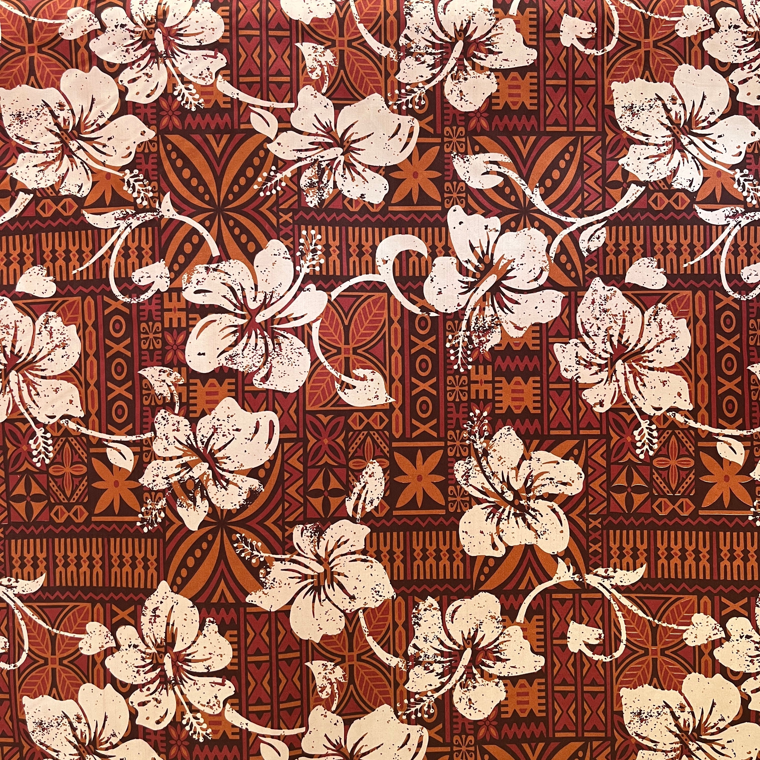 Hibiscus on Traditional Tapa Design Polyester Fabric | Islands Fabric