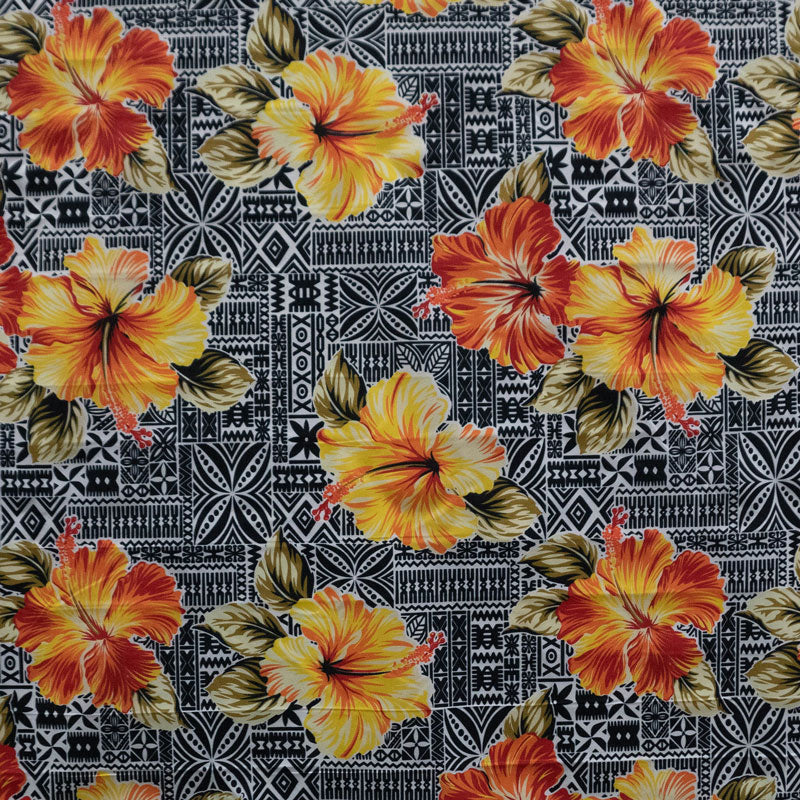 Hibiscus Flowers on traditional Tapa Polyester Fabric | Islands Fabric