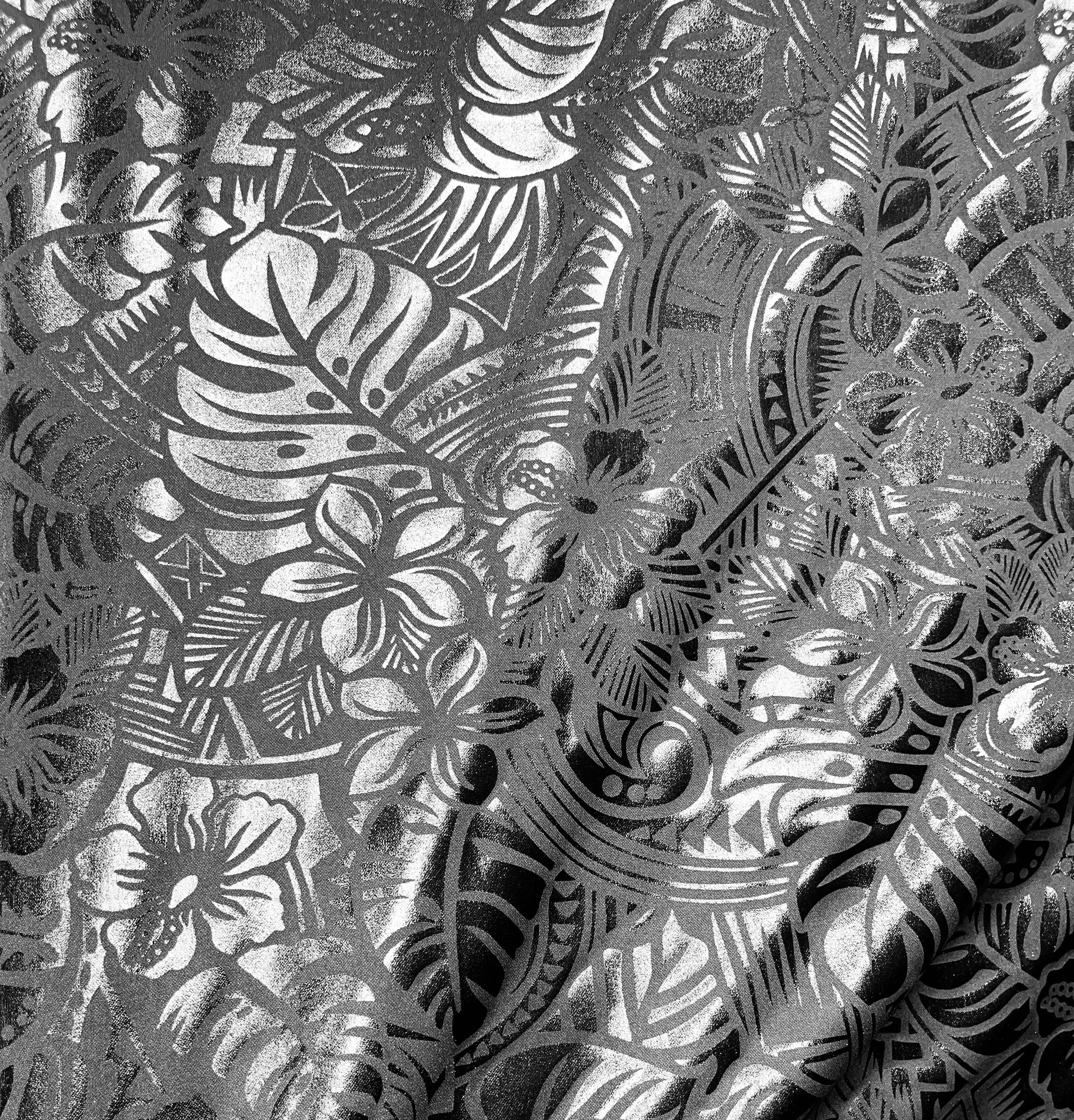 Hibiscus Plumeria Tiare Monstera,Musa Acuminata, Anthurium leaves Printed Polyester Foil Fabric  | Islands Fabric