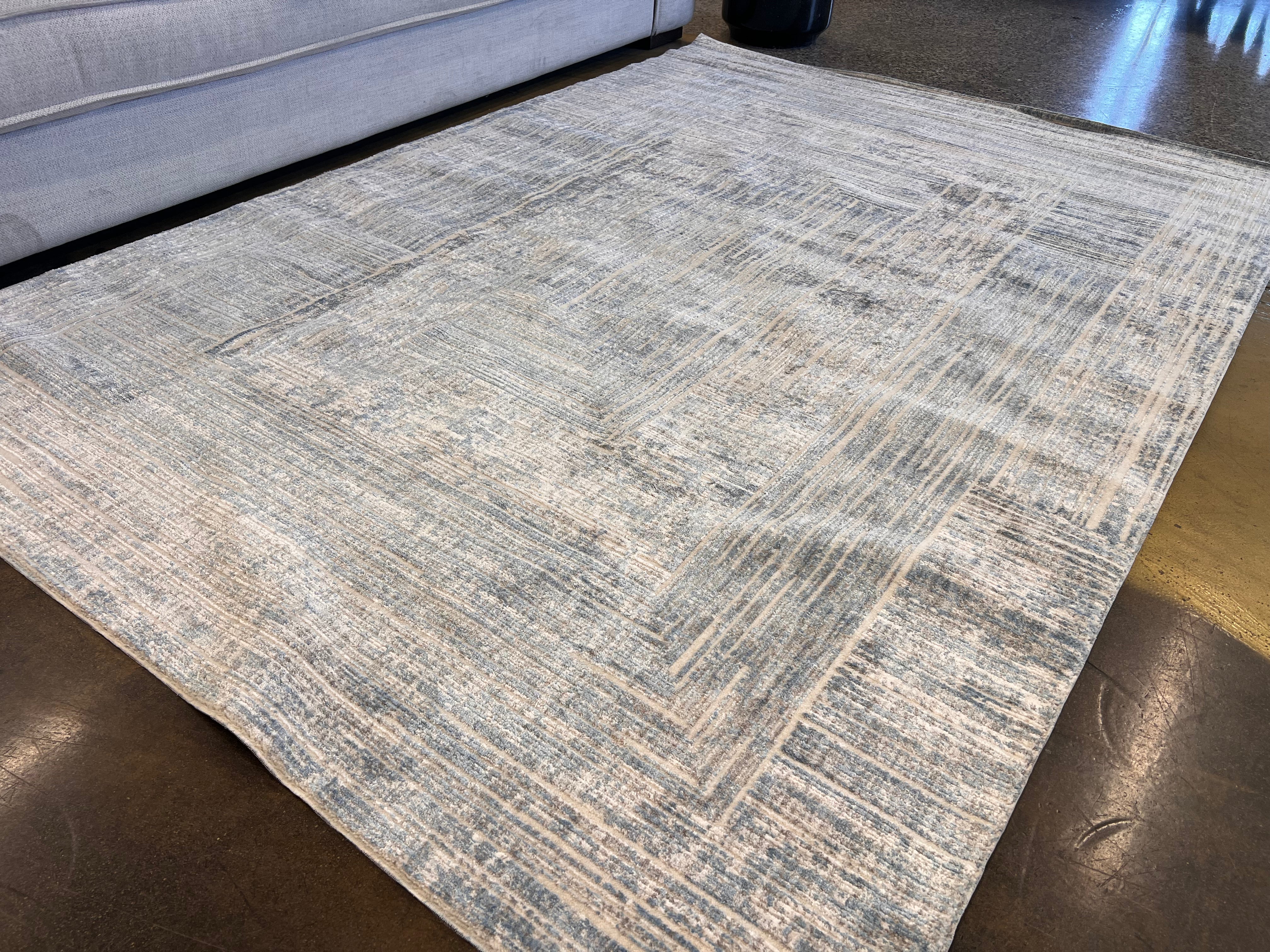 Cream Rug with Geometric Blue, Silver & Charcoal Accents in High-Low Texture - KAI 302