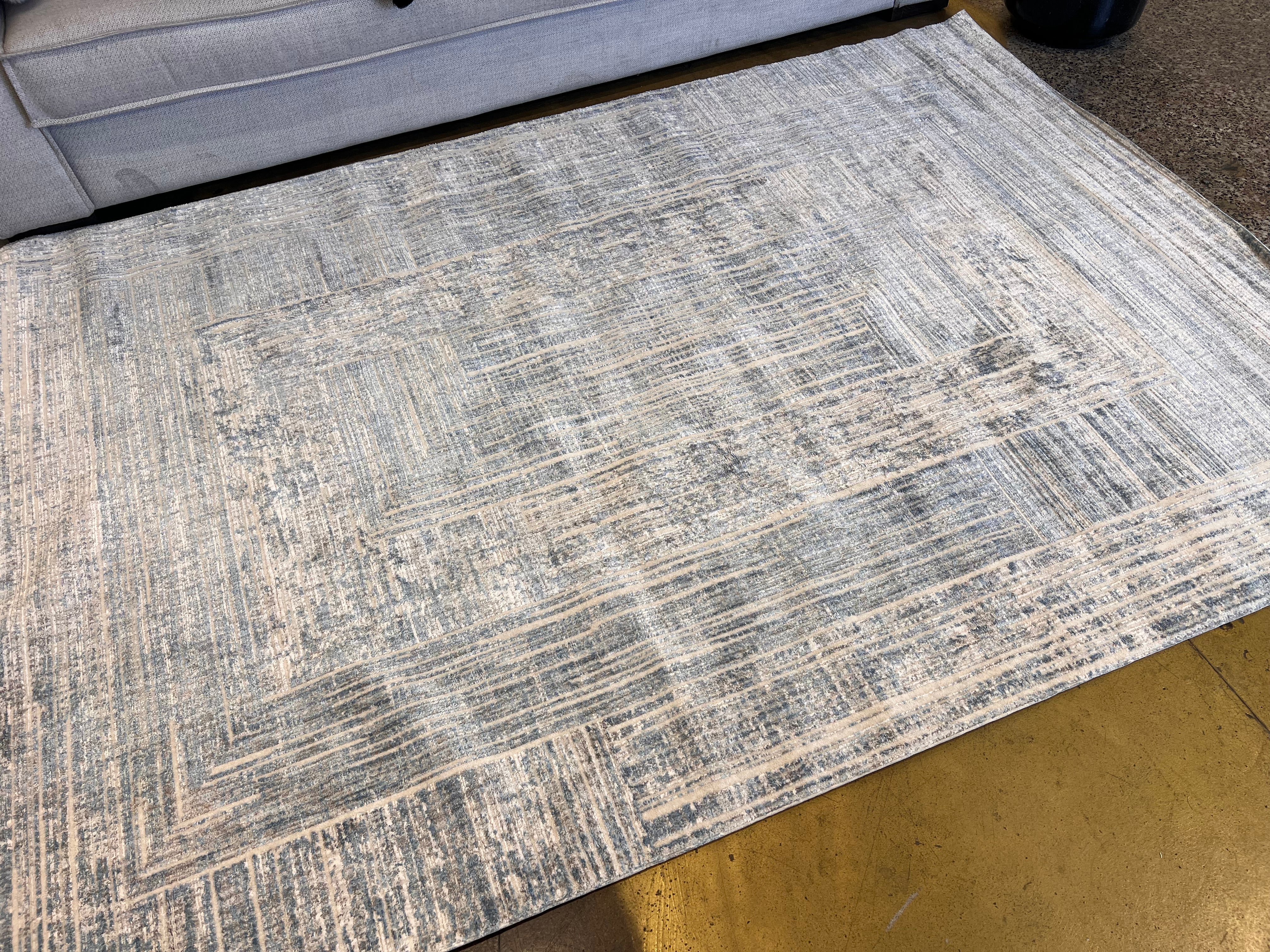 Cream Rug with Geometric Blue, Silver & Charcoal Accents in High-Low Texture - KAI 302