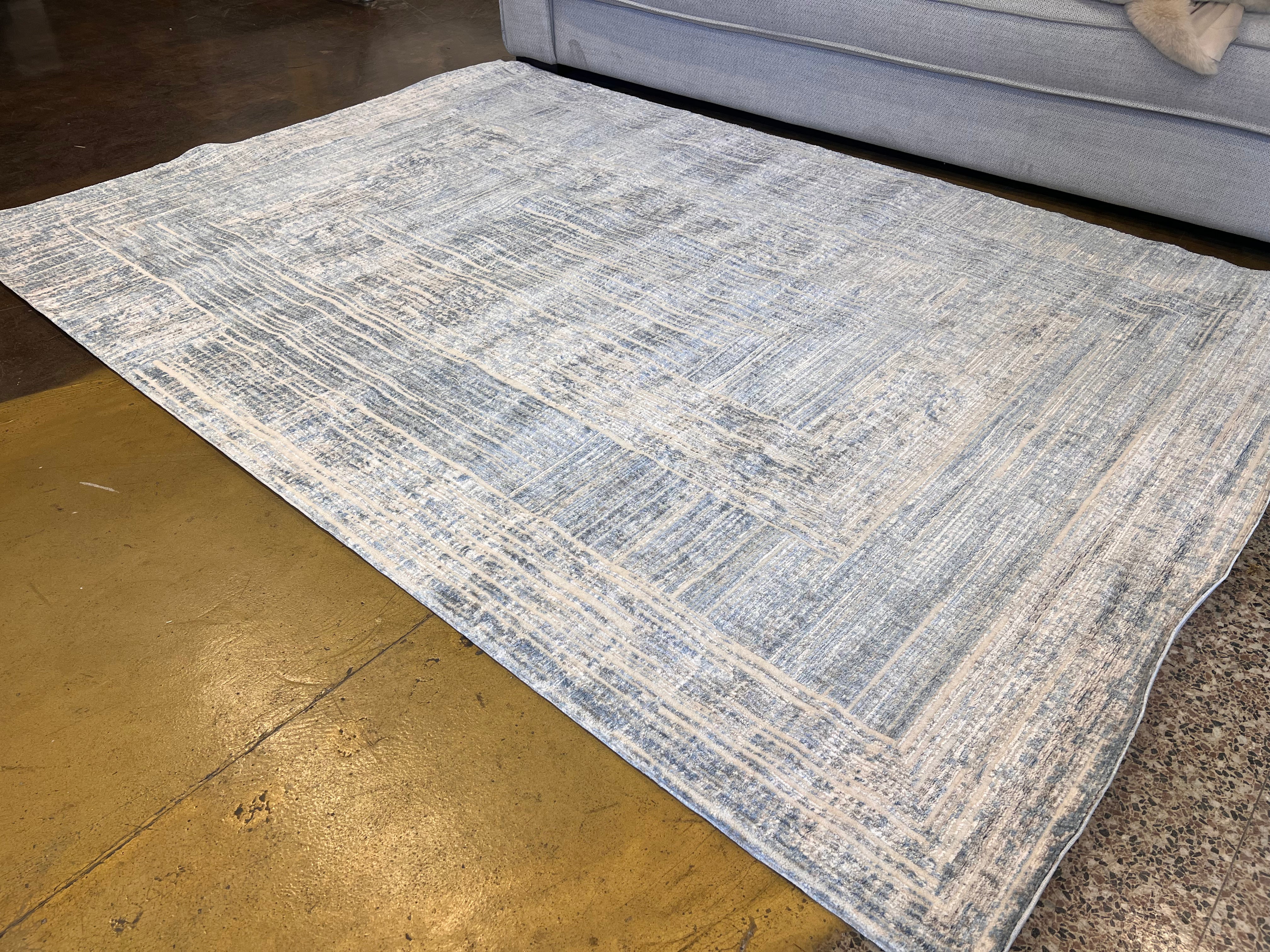 Cream Rug with Geometric Blue, Silver & Charcoal Accents in High-Low Texture - KAI 302