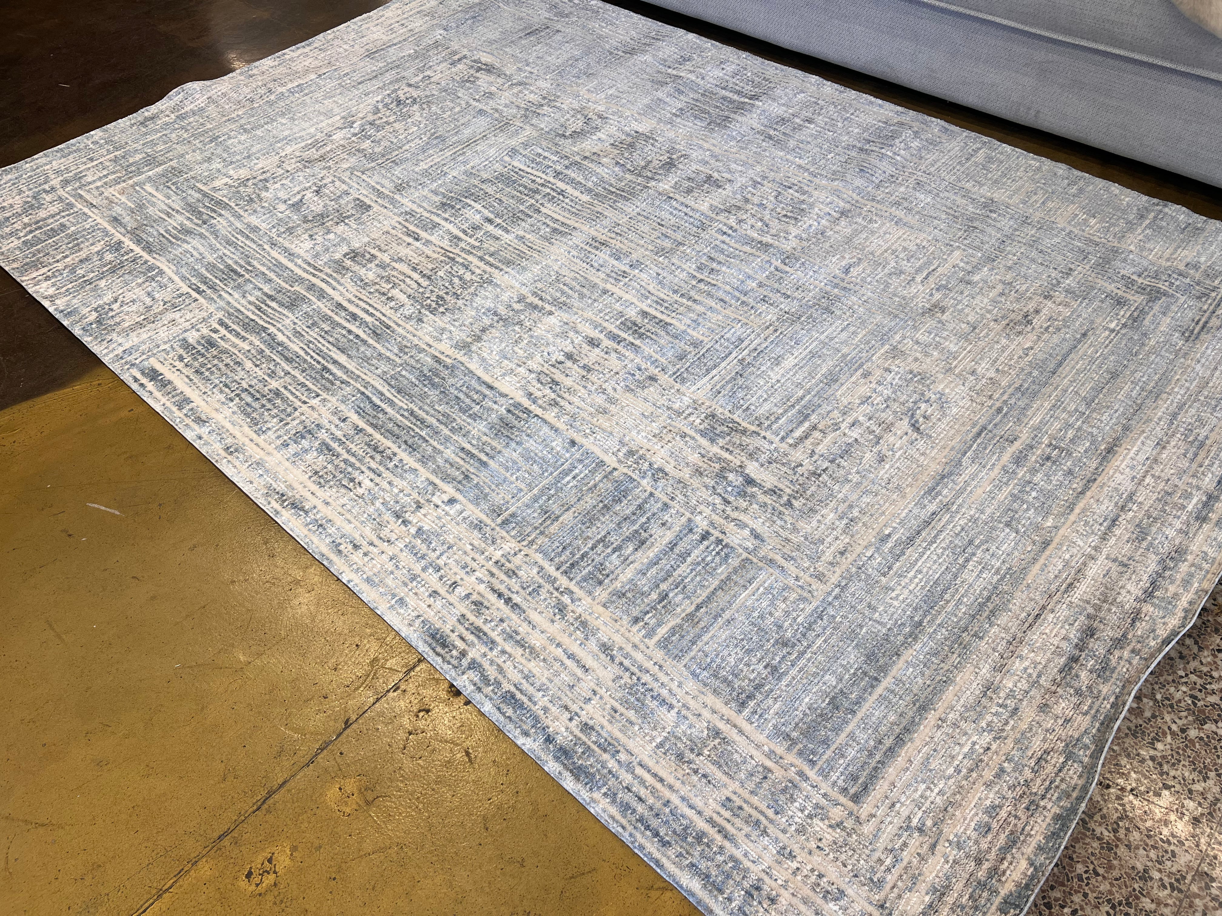 Cream Rug with Geometric Blue, Silver & Charcoal Accents in High-Low Texture - KAI 302