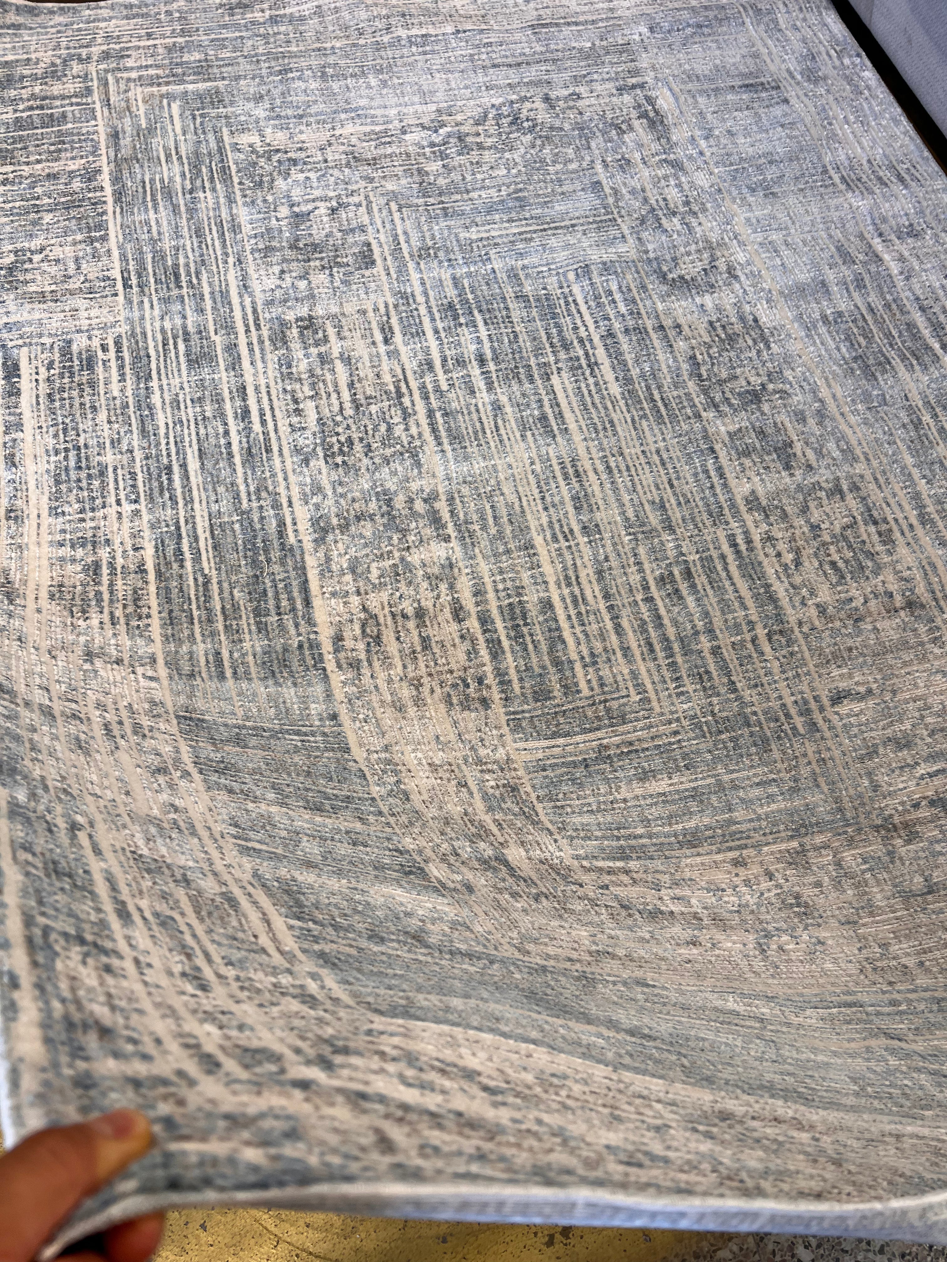 Cream Rug with Geometric Blue, Silver & Charcoal Accents in High-Low Texture - KAI 302