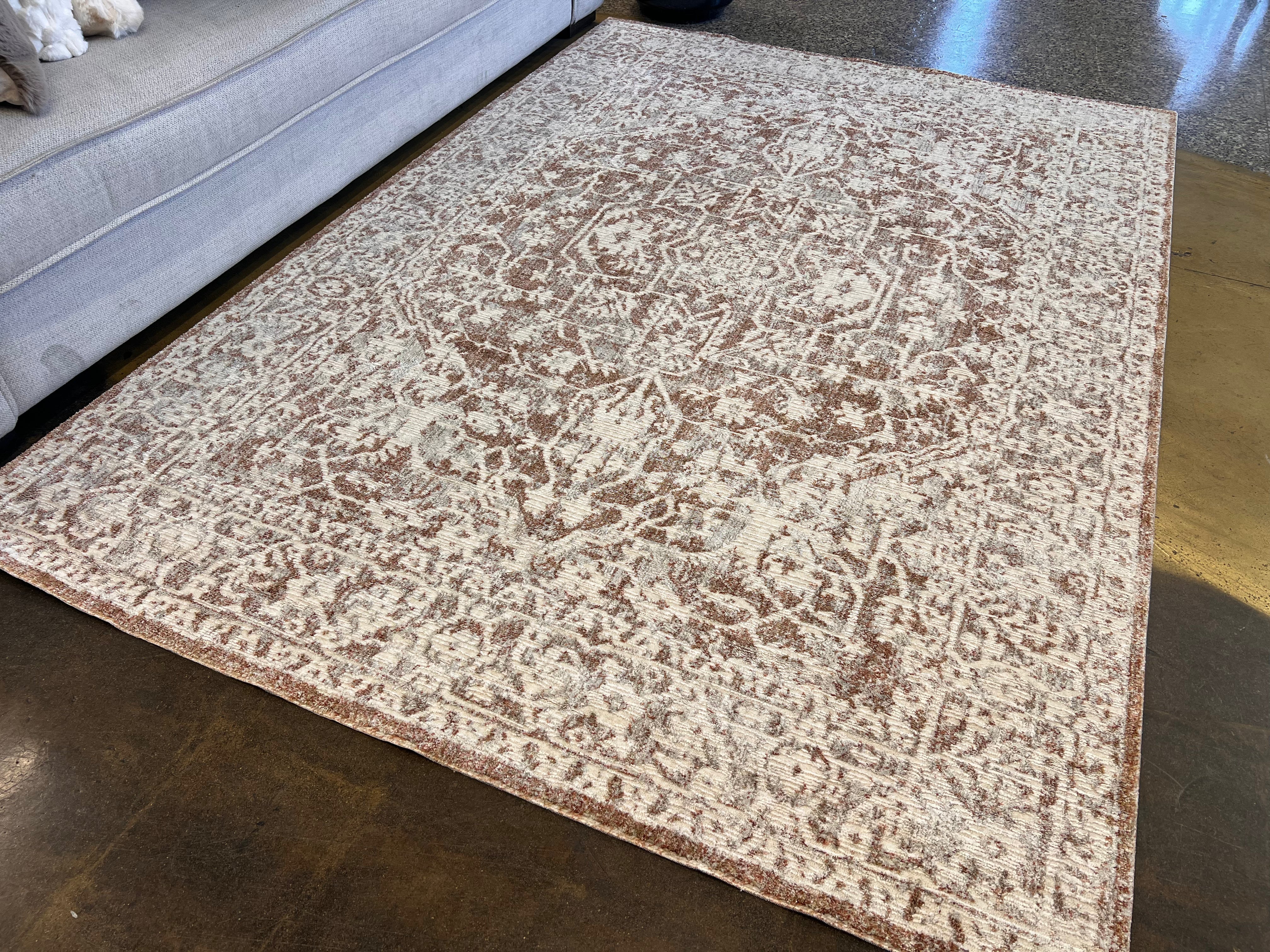 Cream Base Rug with Textured Brick-Toned Oriental Motif and Grey Highlights - KAI 300